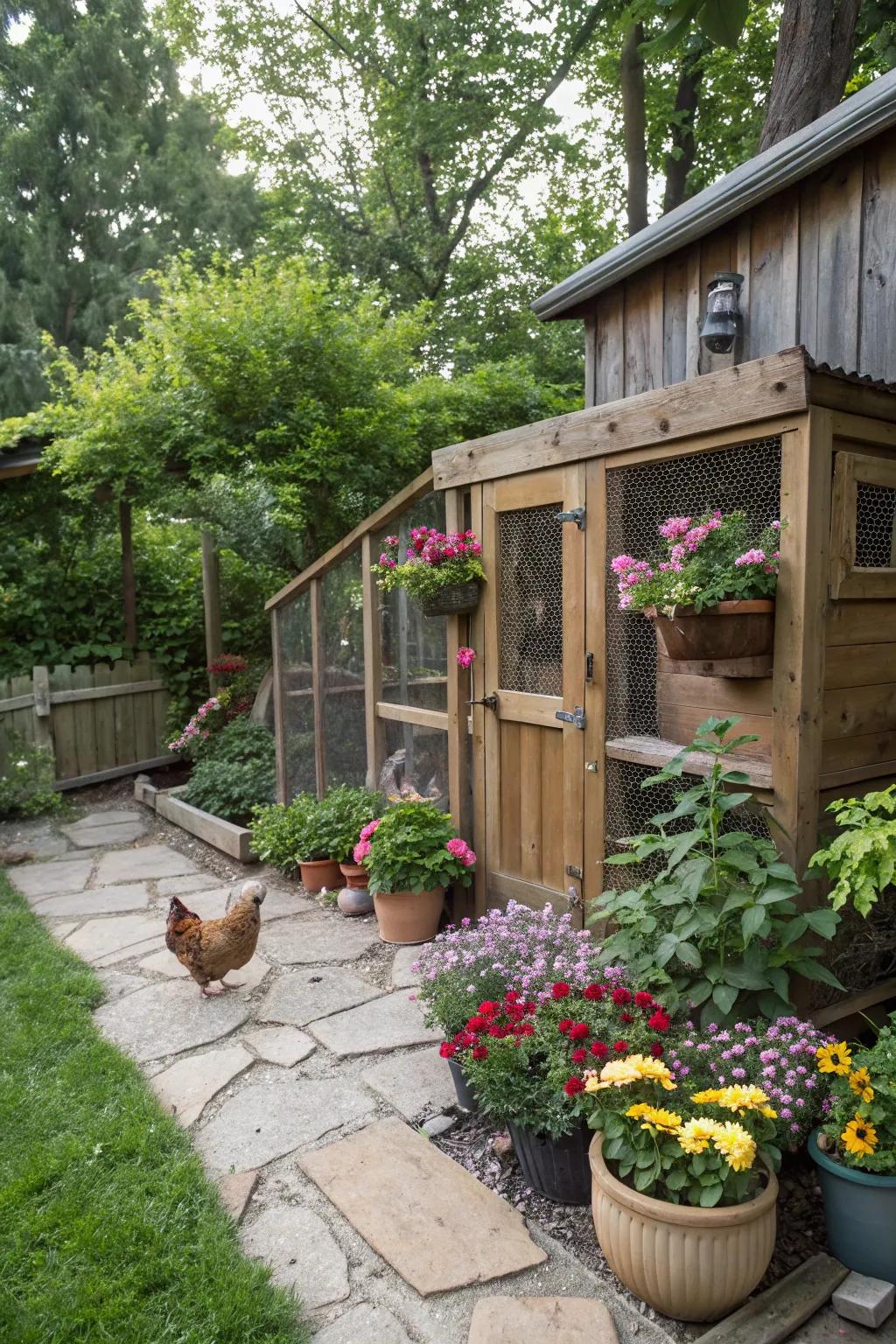 Potted flora establishes a revitalizing and organic ambiance around the coop.