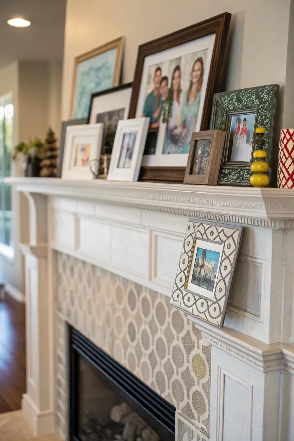 Artwork and personal photos inject personality and an inviting ambiance into the hearth.