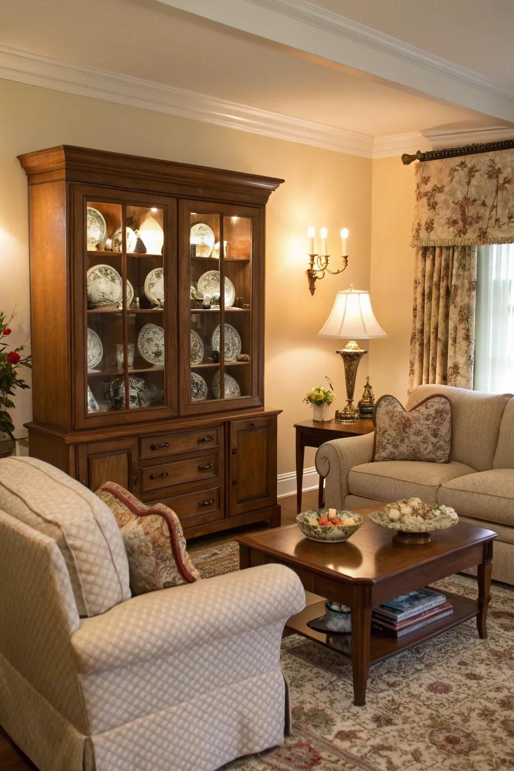 Cozy seating around a display case for a welcoming feel.