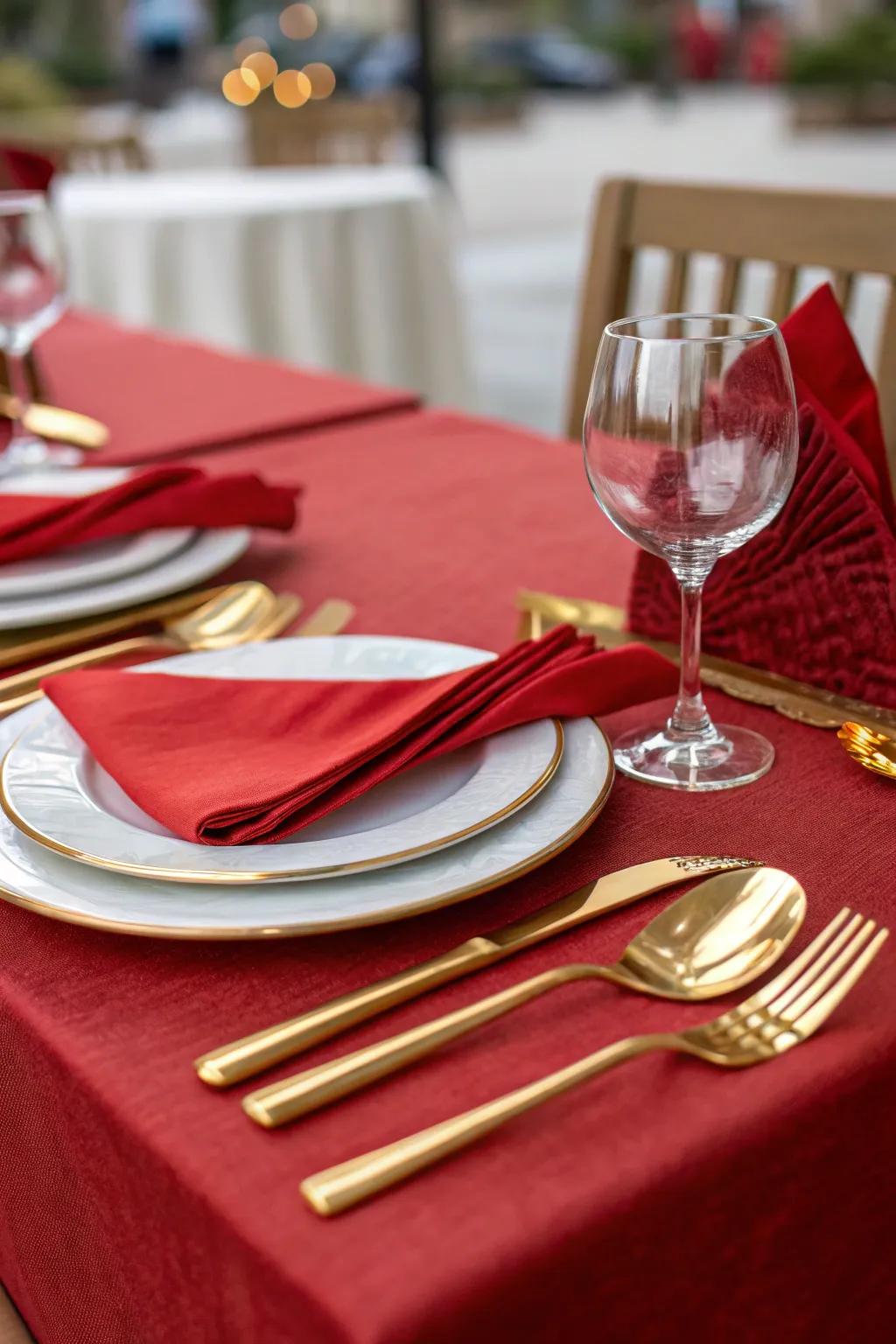 A crimson and gilded surface arrangement contributes a celebratory flair to your festivities.