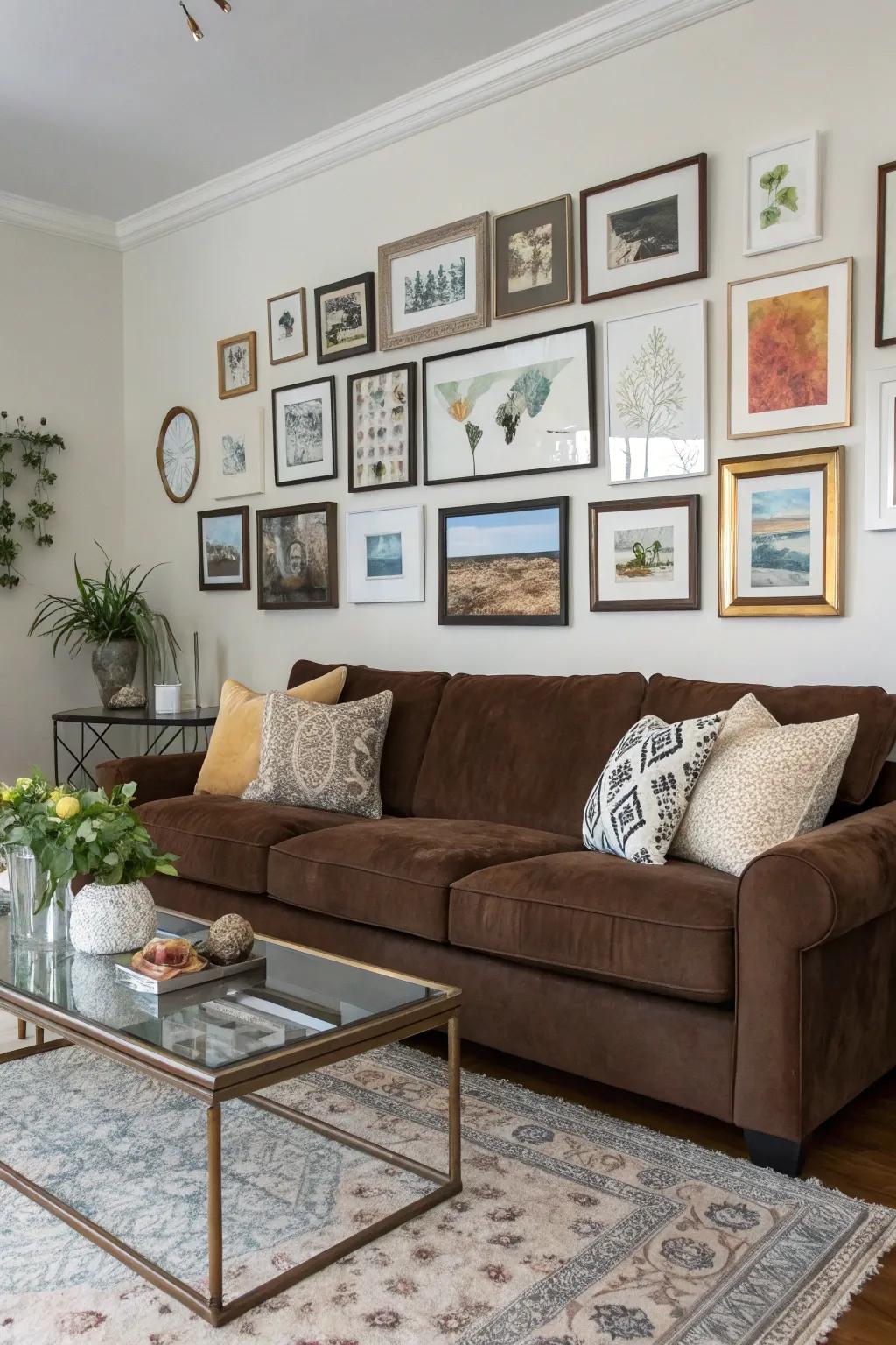 A gallery wall adds personal flair and complements the cocoa sofa.