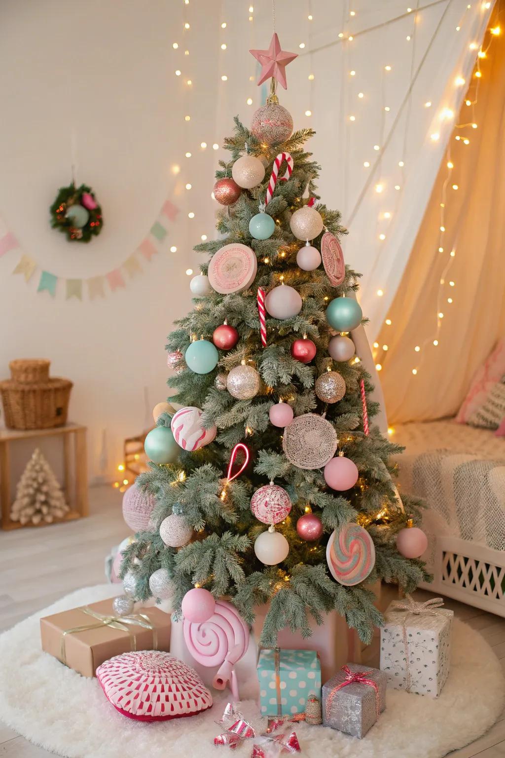 A fantastical Confection Land-themed Christmas bauble tree for a frolicsome holiday accent.