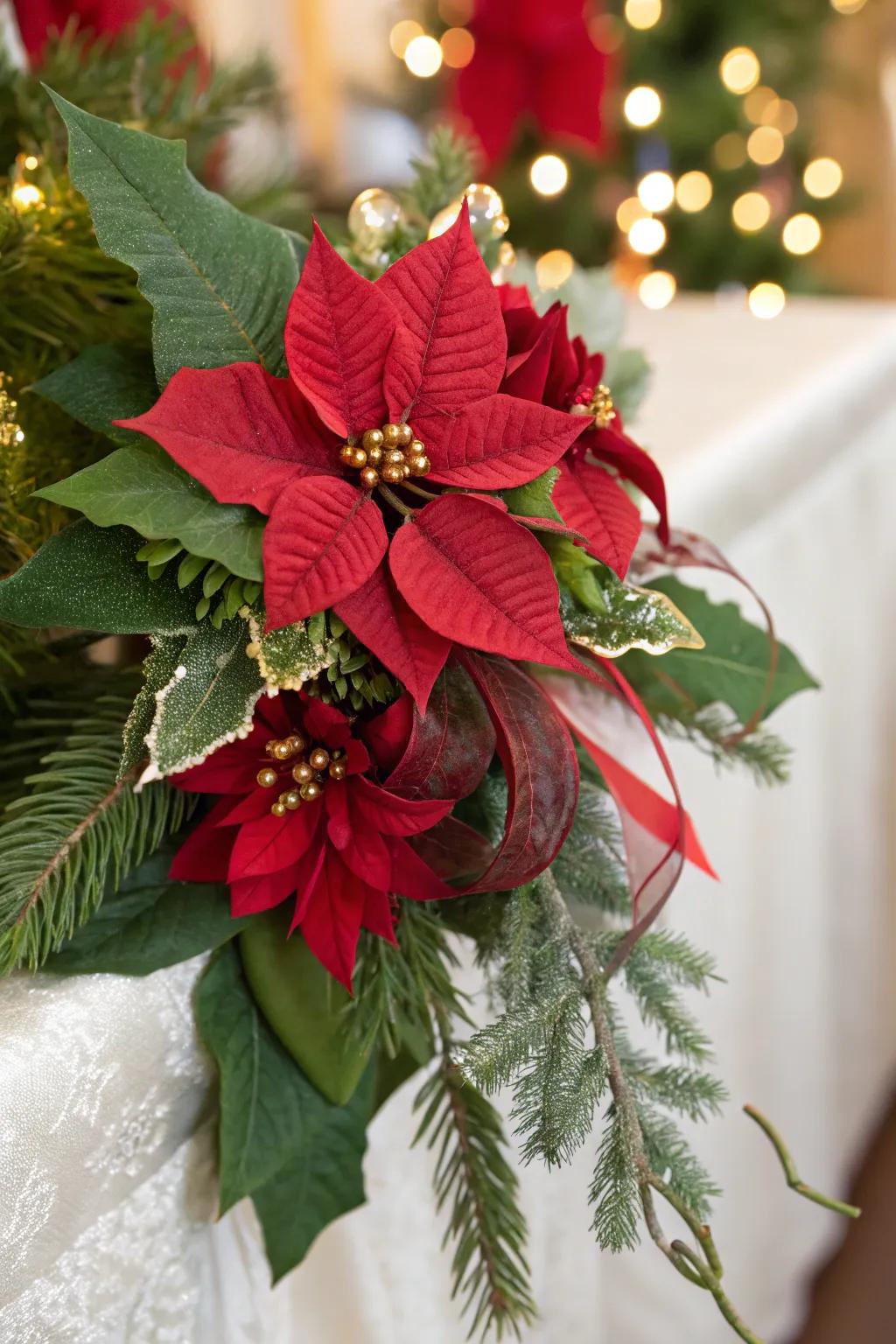 A holiday adornment spotlighting poinsettias and verdant leaves.