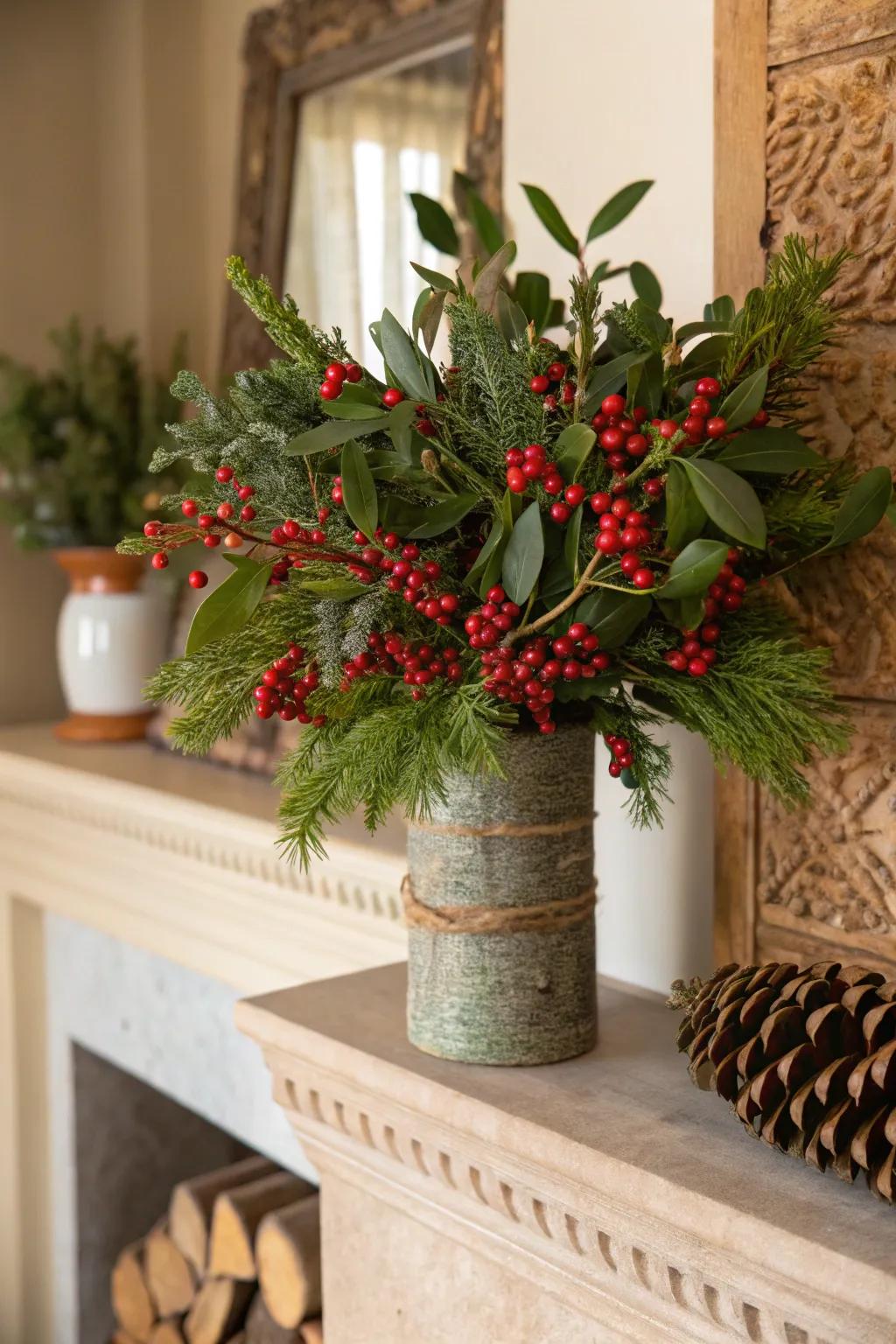 Plant sprigs and scarlet beads concoct an amorous holiday core ornament.