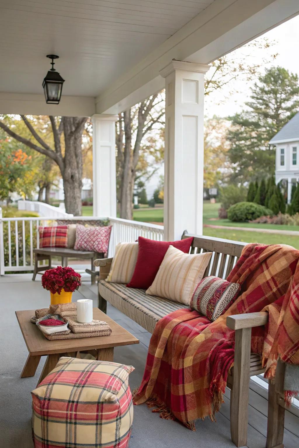 Checkered cushions and wraps adding warmth to the porch seating.