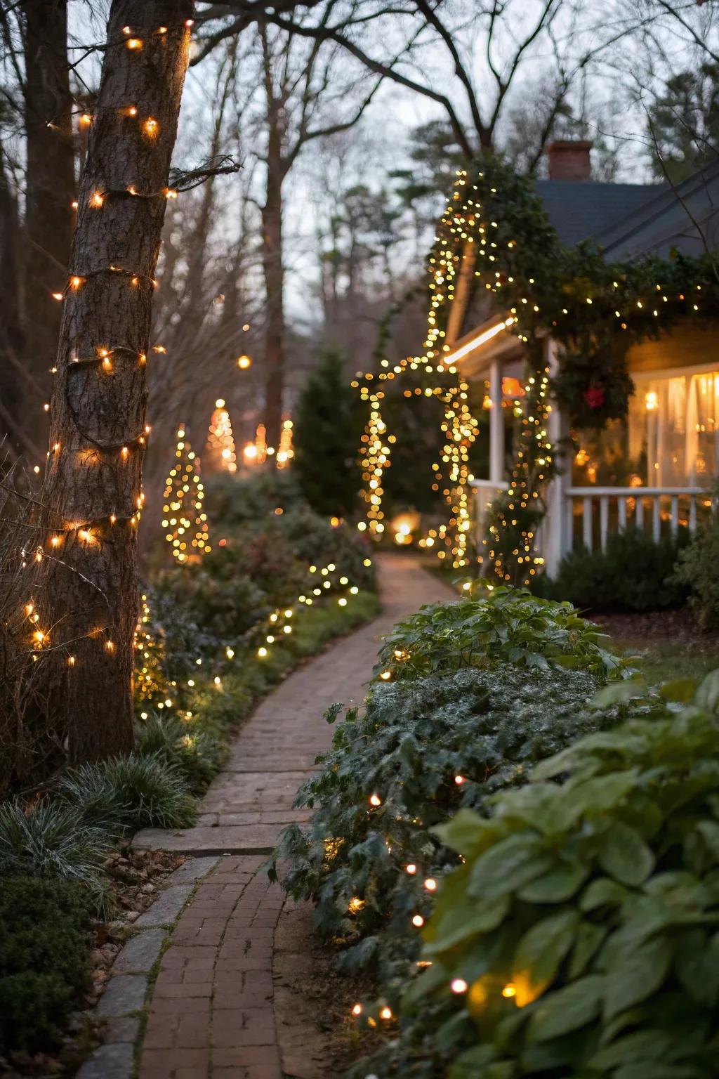 A garden path beautifully lit with holiday lights.