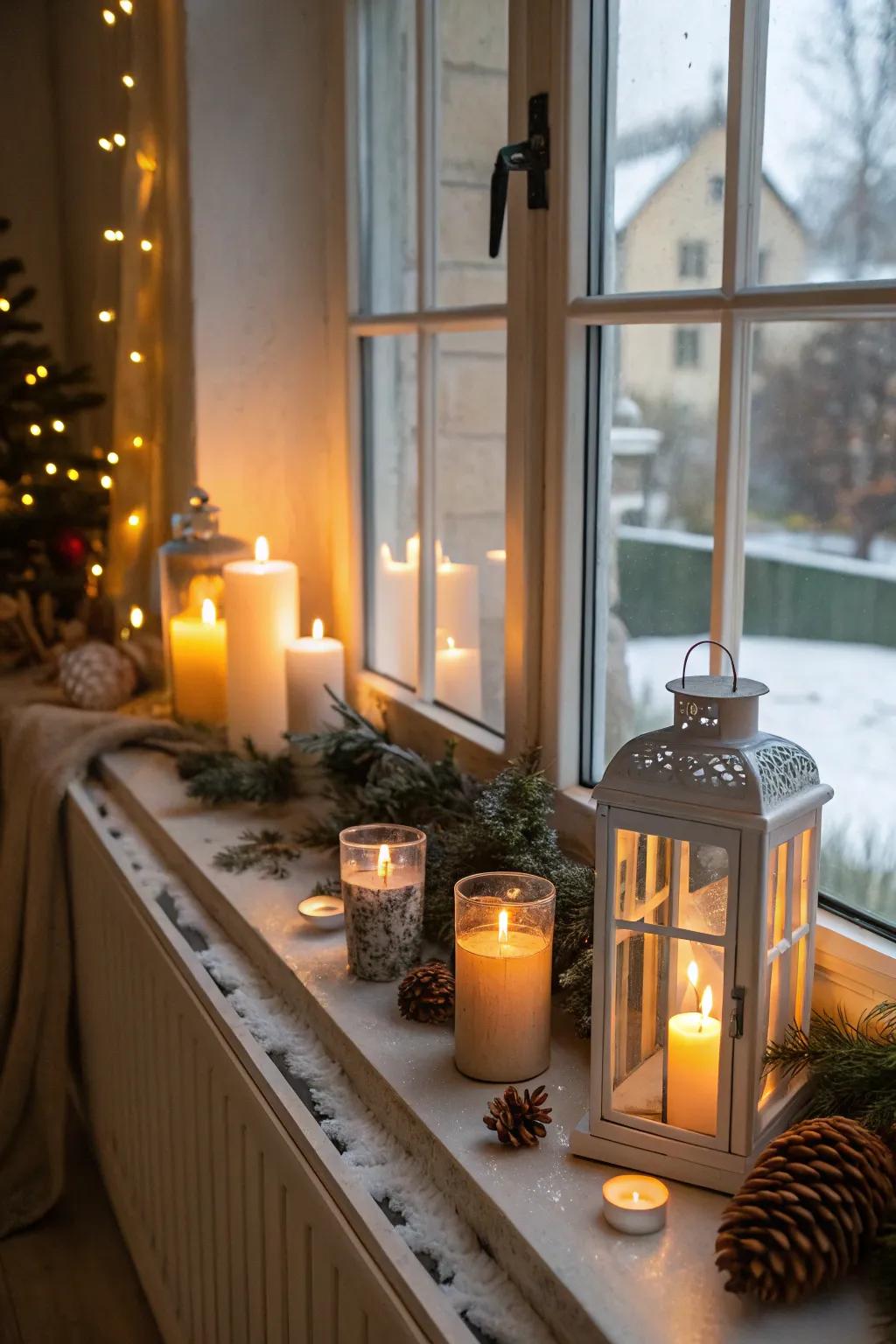 Candles and lanterns arranged on the sill offer a warm and inviting glow.