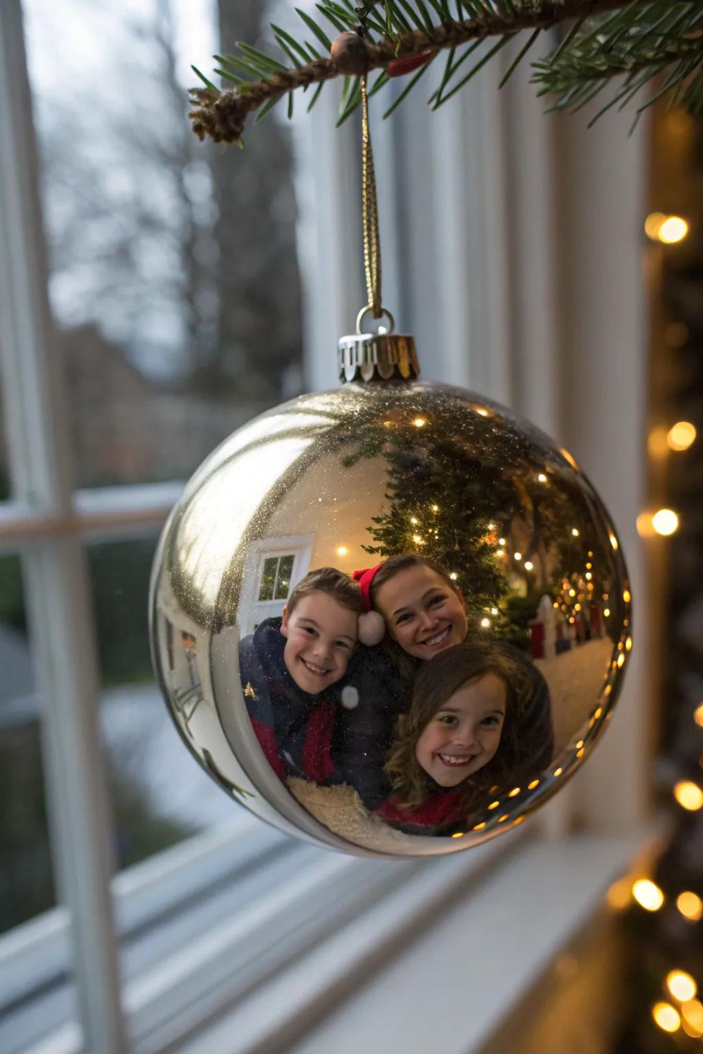 Family reflections shown in a Christmas ornament.