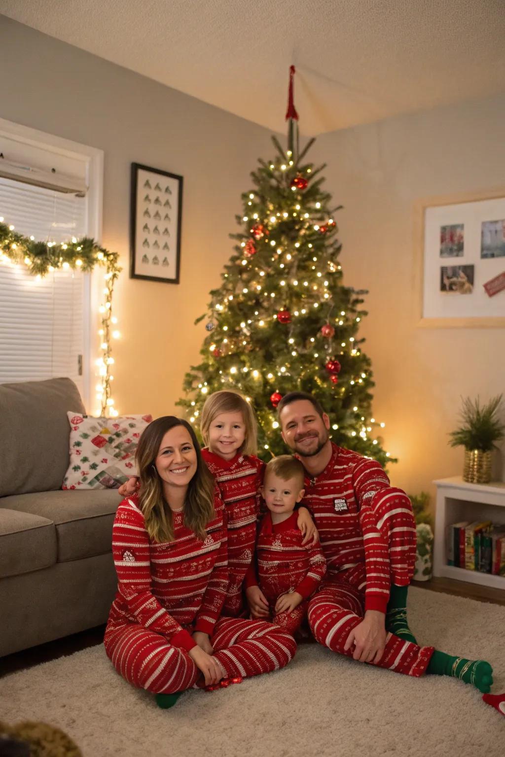 A family attired in matching Christmas sleepwear, generating a snug and festive ambiance.