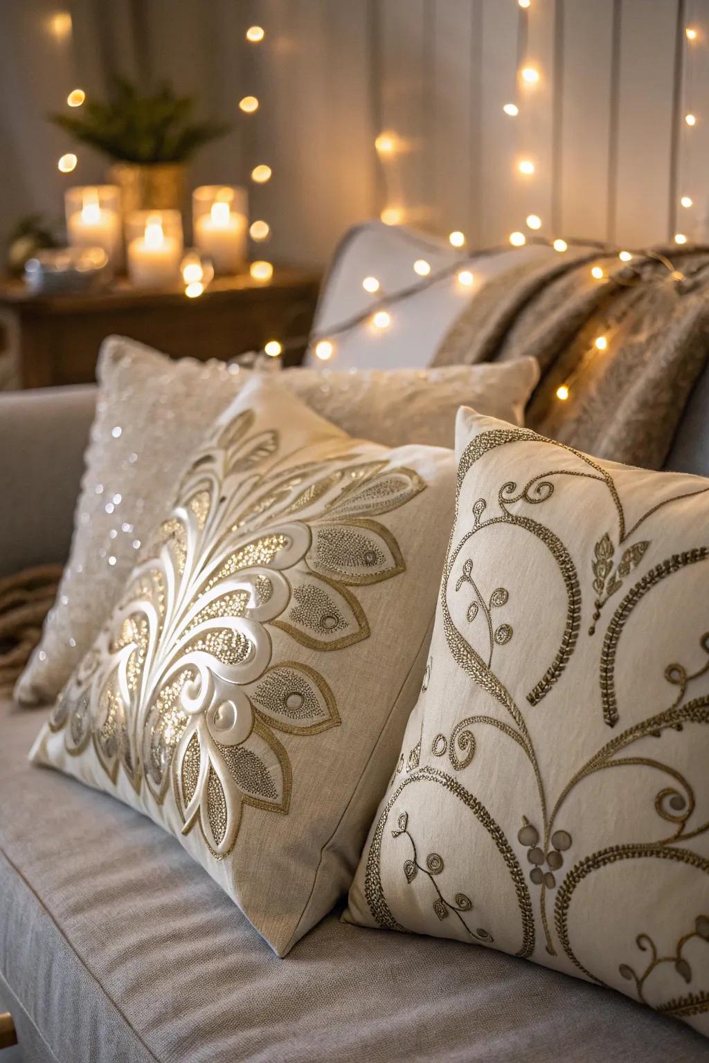 Understated cushions featuring subtle shimmer for a sophisticated holiday design.