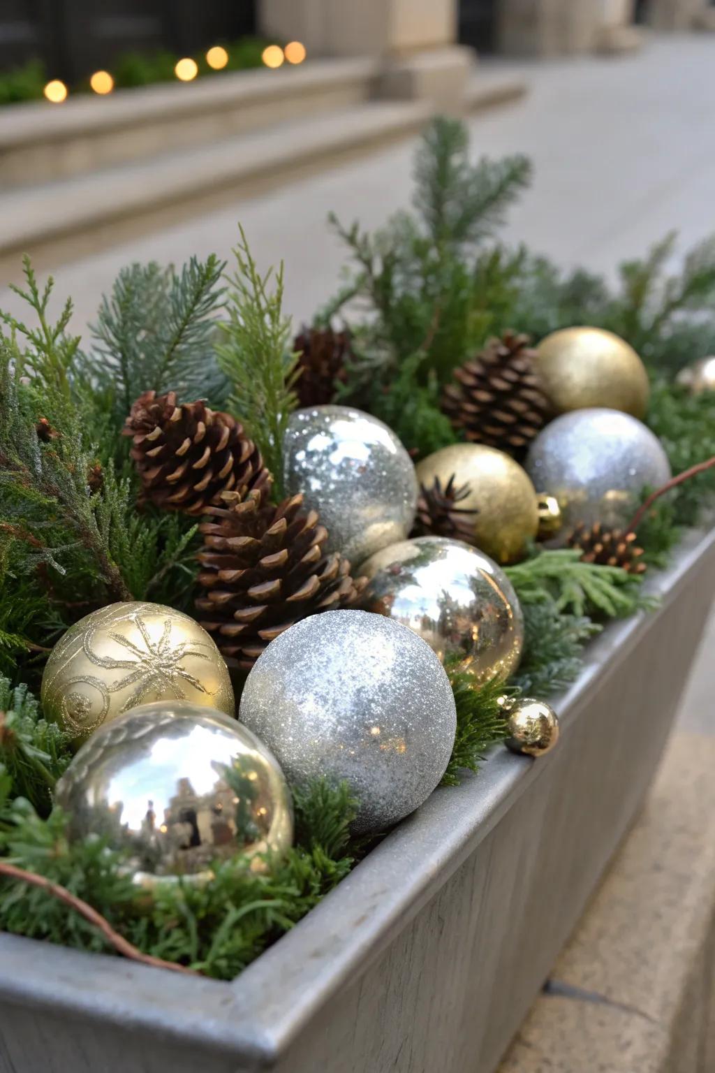 Ornaments introduce festive sparkle to Christmas containers.