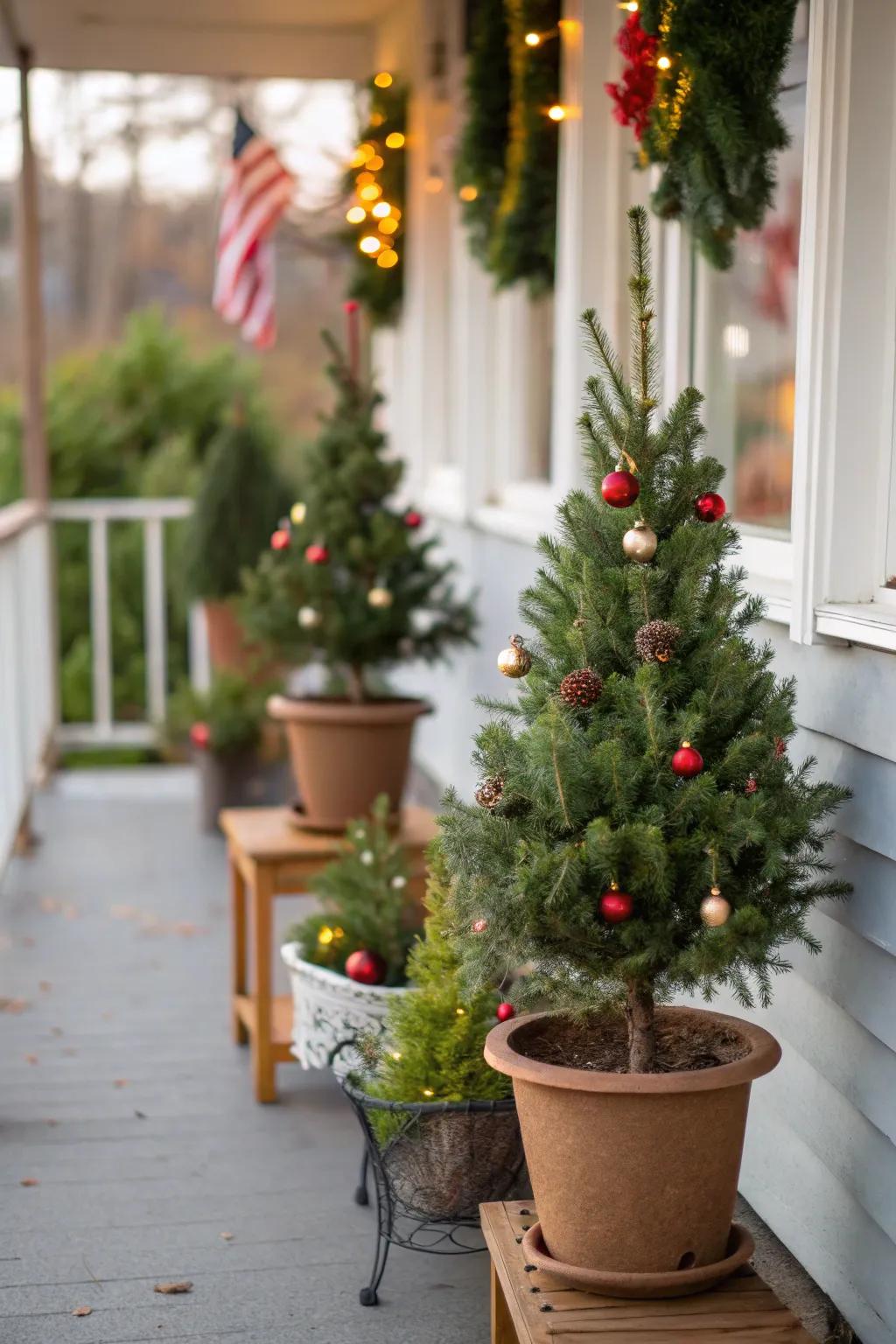 Small scale holiday trees infuse celebratory woodland charm to the porch.