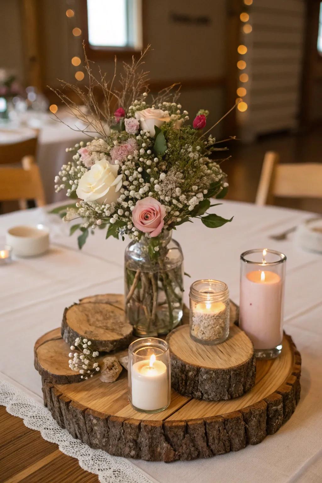 Wood segments contribute countryside allure to this Christmas centerpiece.