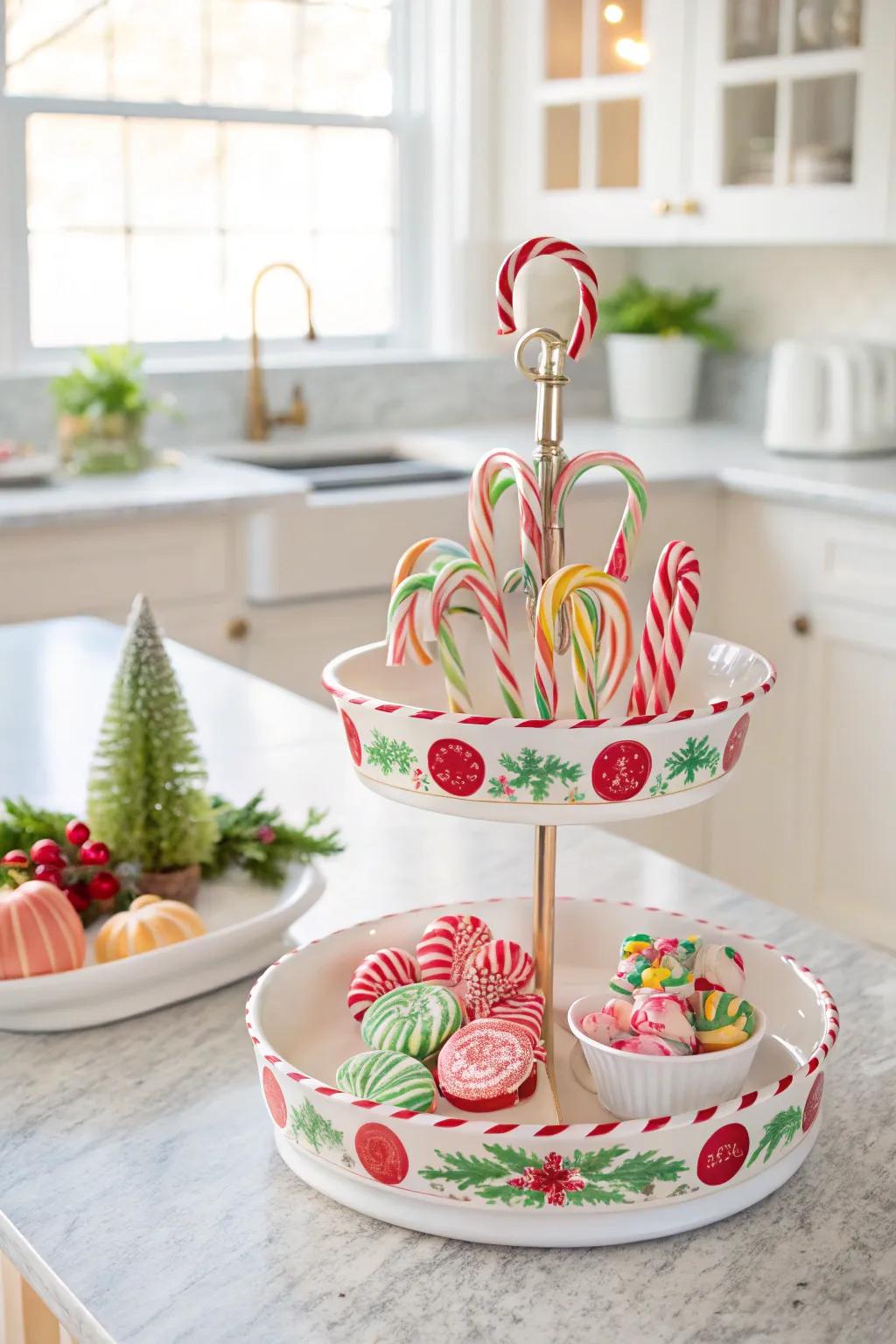 Sweet striped candy charms adorn this cheerful multi-level display.