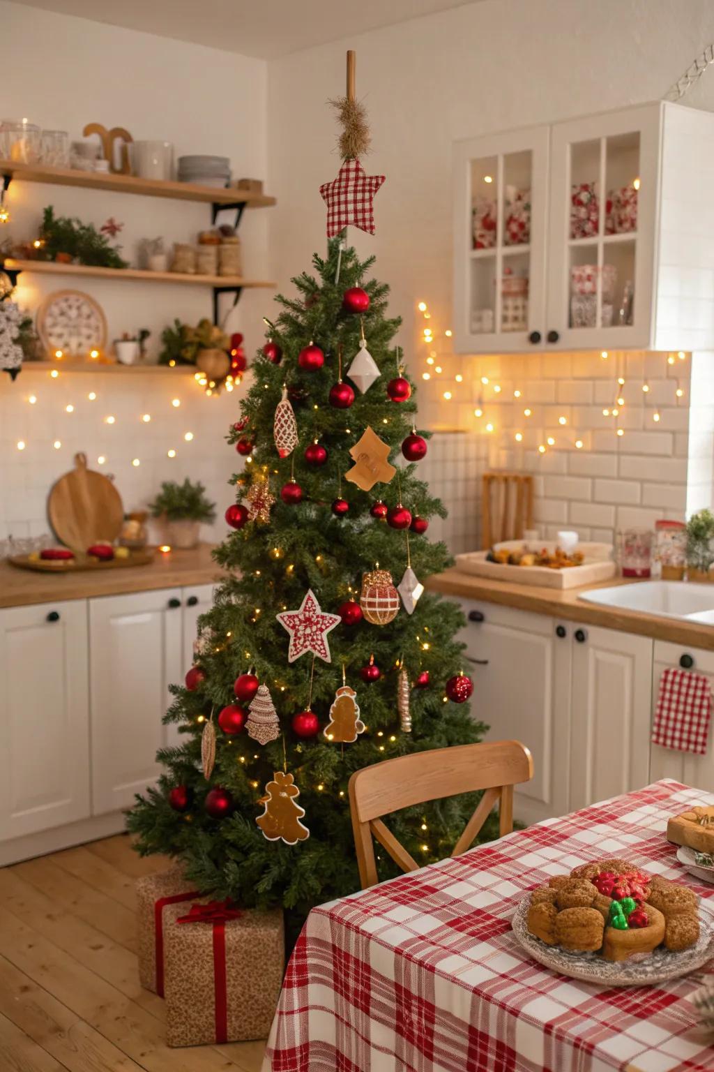 A charming Christmas tree adorned with gingerbread-themed decorative items and string lights, pervading the space with holiday happiness.