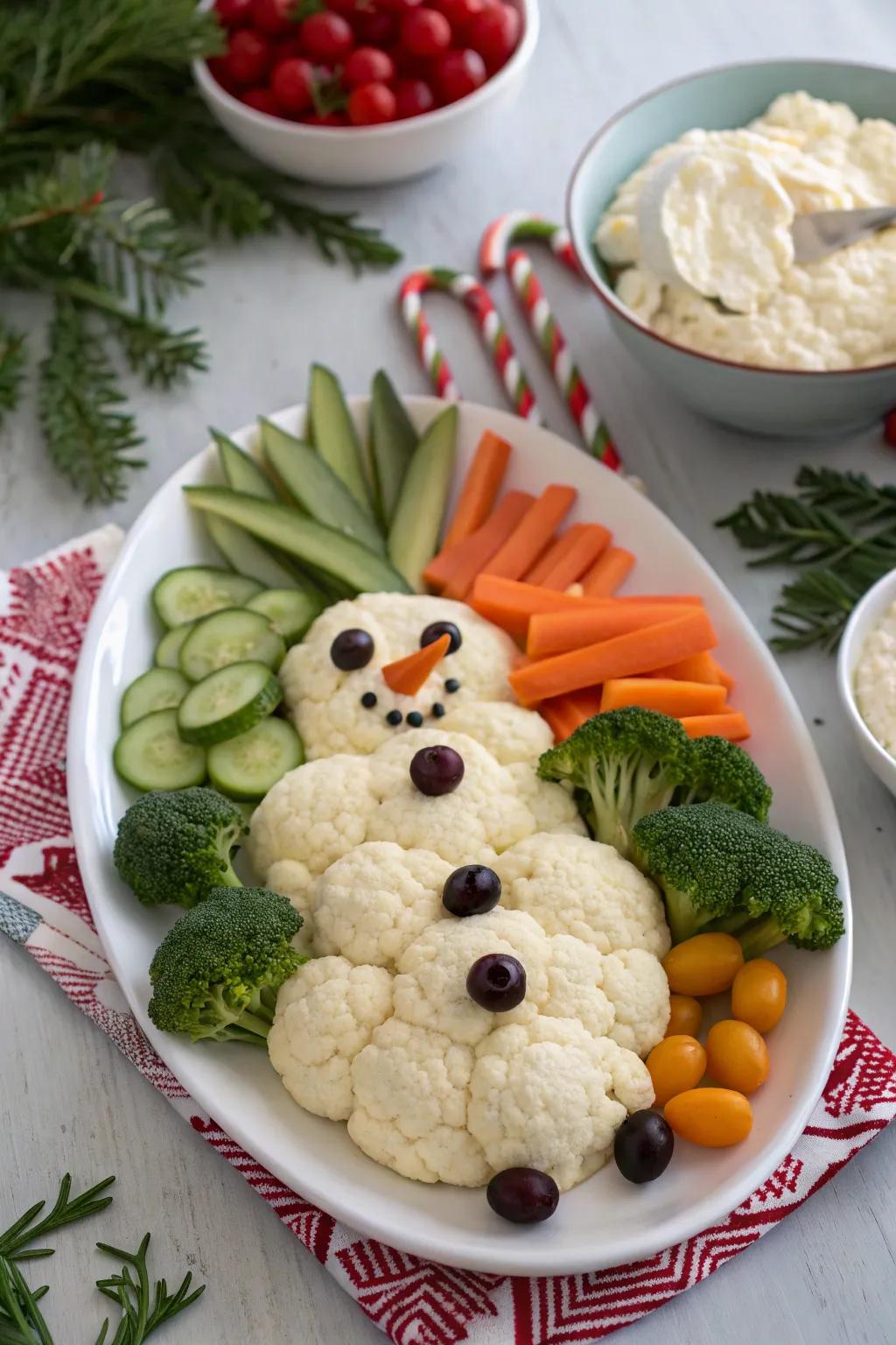 A charming snow person veggie arrangement to brighten your holiday table.
