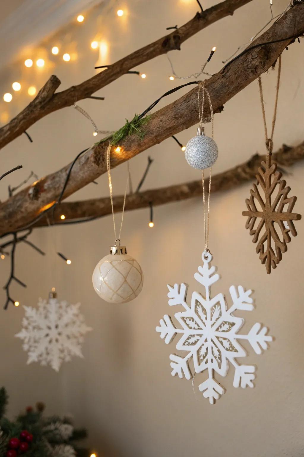 An original limb imparts whimsical allure to the holiday decor.