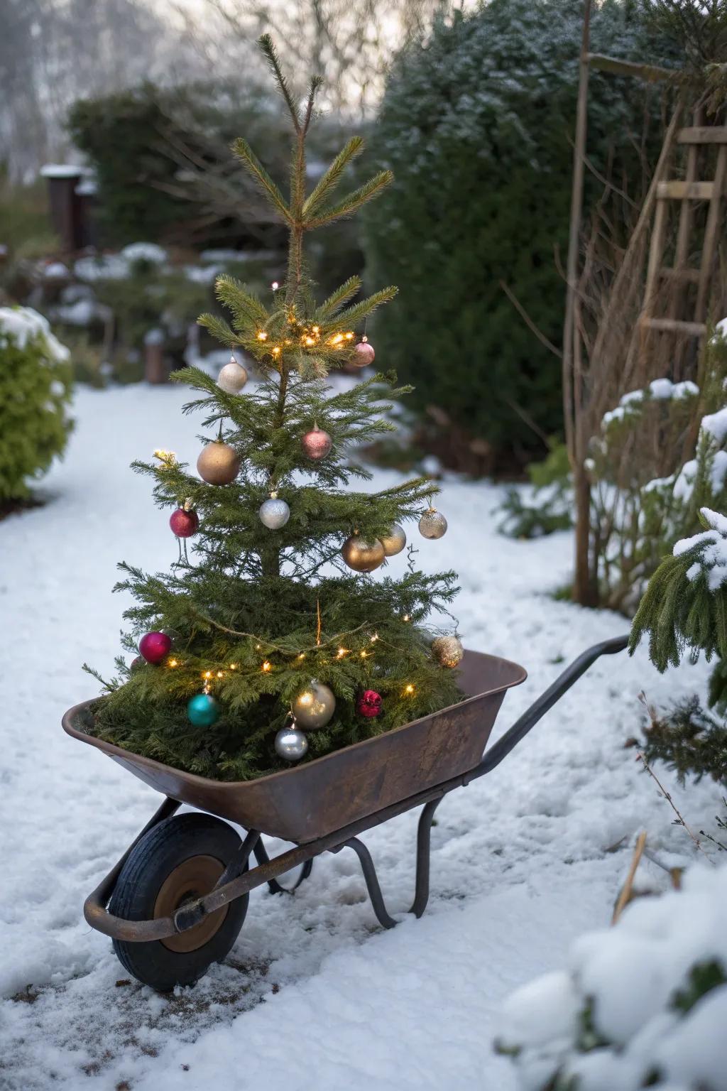 A small Christmas tree adds a festive flair to this builder's cart.