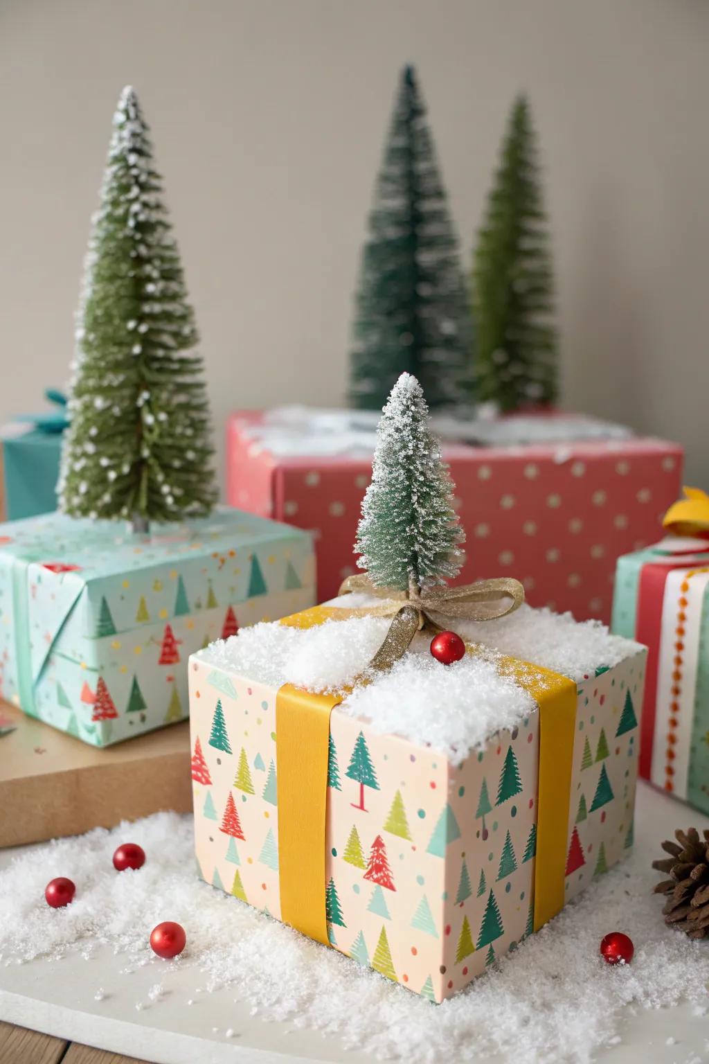 Gift boxes adorned with charming small-scale winter scenery.