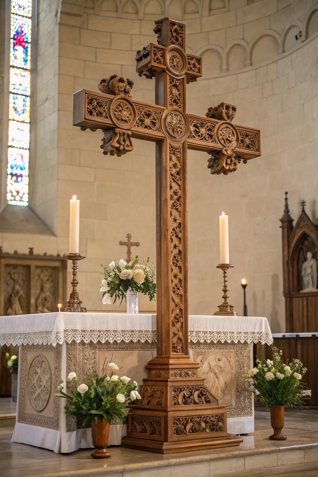An altar adorned with complex wooden crosses and carvings, which contributes an earthy charm.