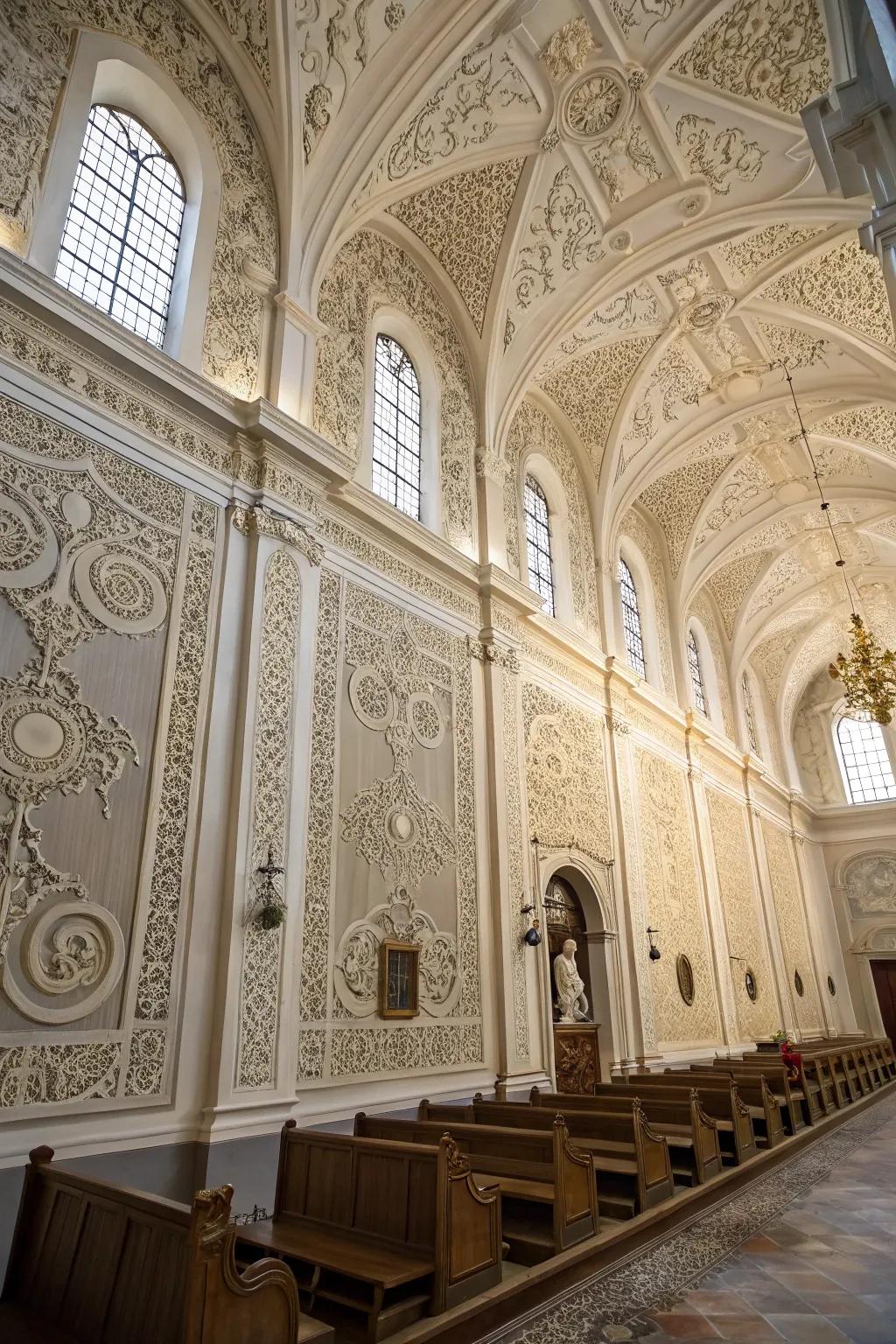 Church walls embellished with sophisticated surface-treated panels.