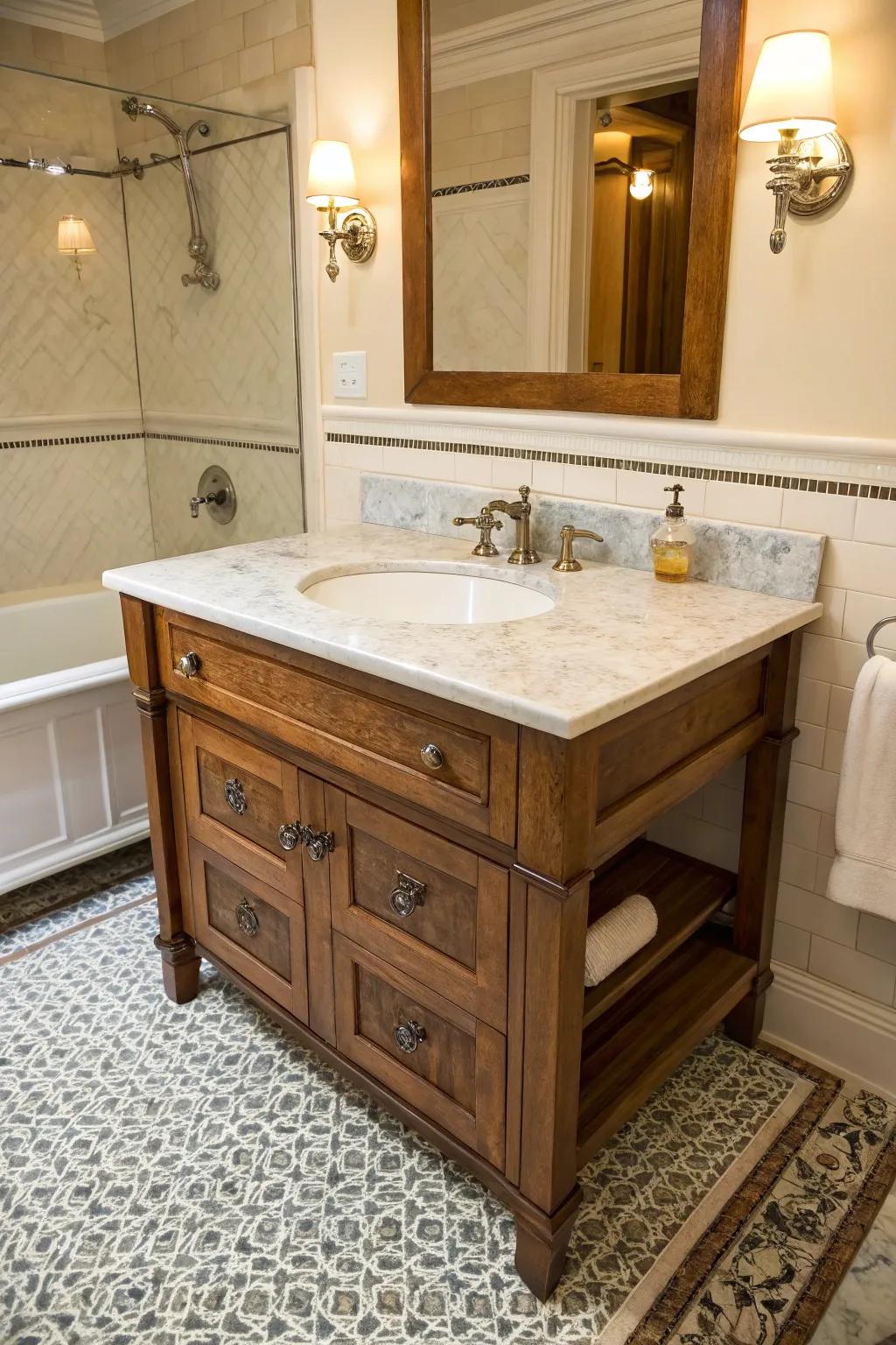 A traditional vanity assembly using a marble countertop.