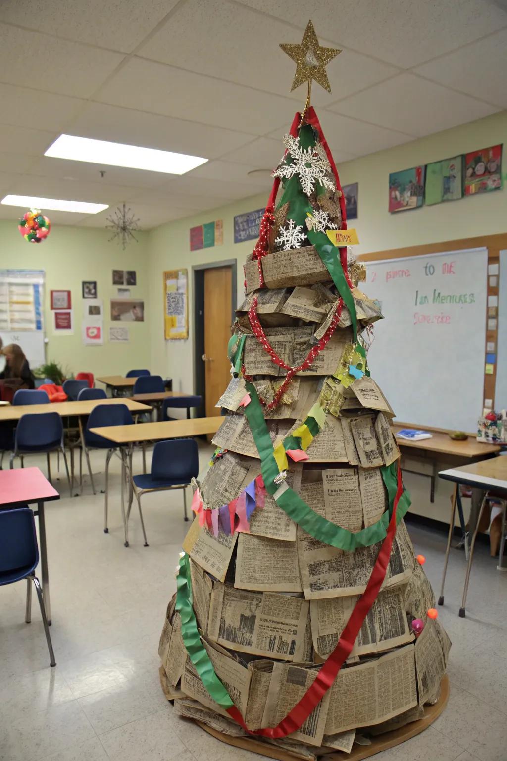 A sustainable Christmas tree constructed from reclaimed materials