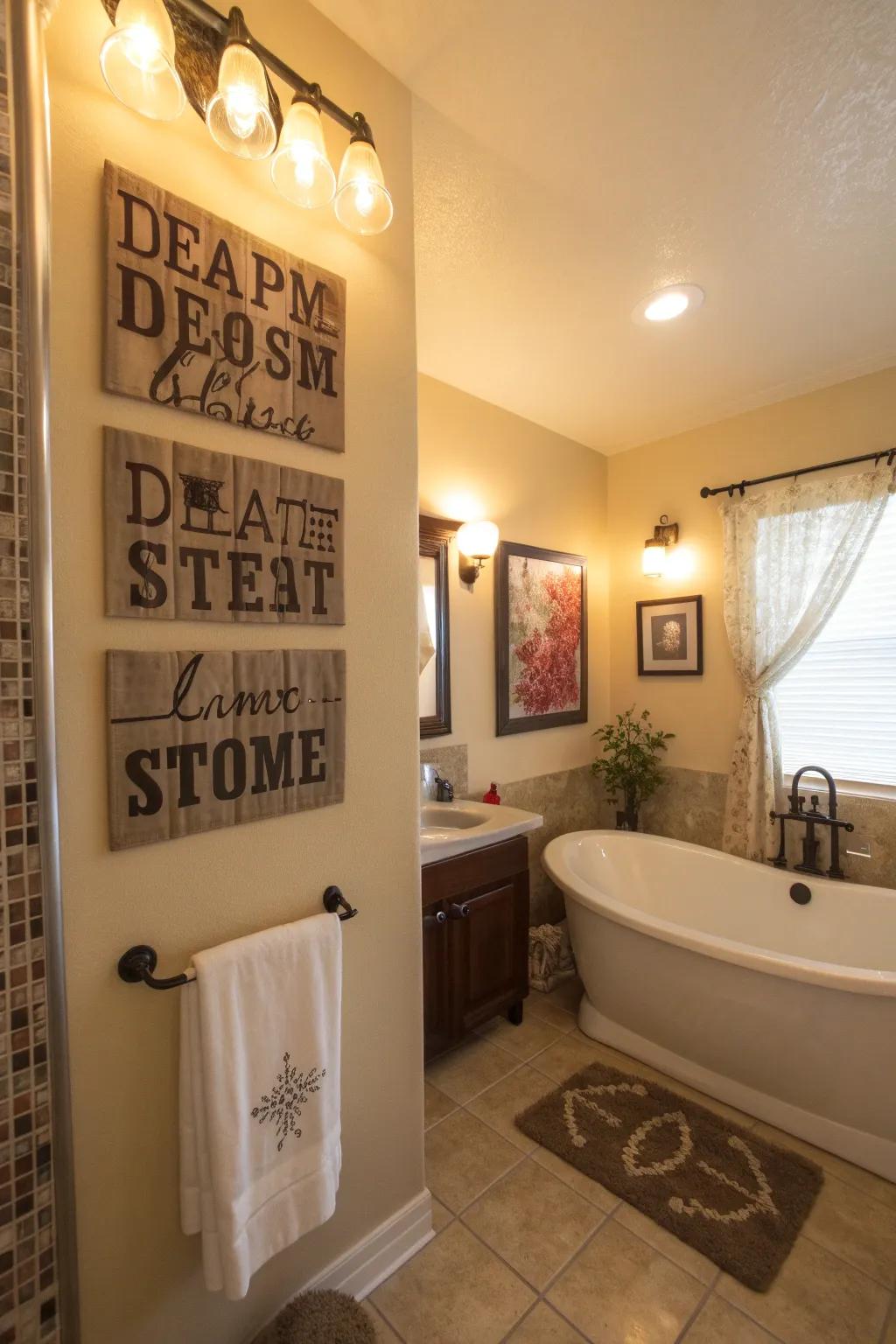 A bathroom improved with lettering art that uplifts and personalizes the setting.