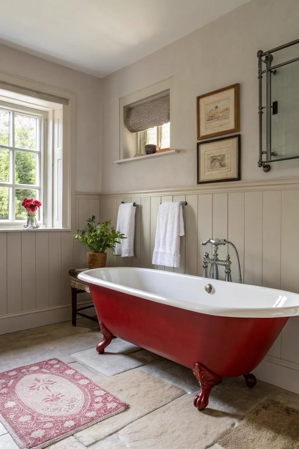 A striking crimson tub that makes a strong statement in a simple environment.