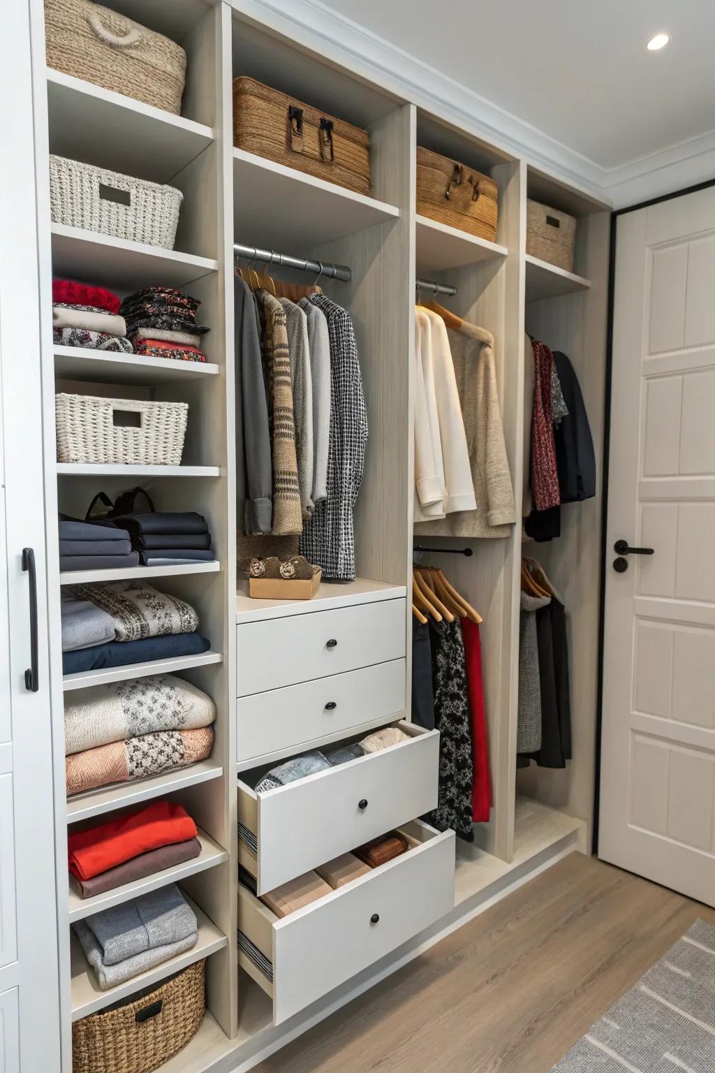 Drawer systems offer concealed storage in a doorless closet.