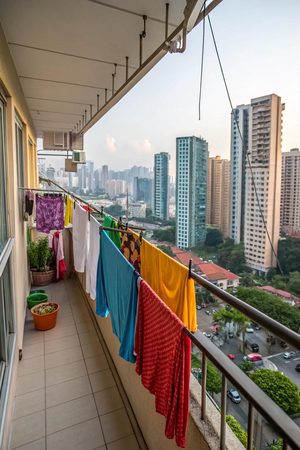 A handy clothesline with a pulley system on a balcony in the city.