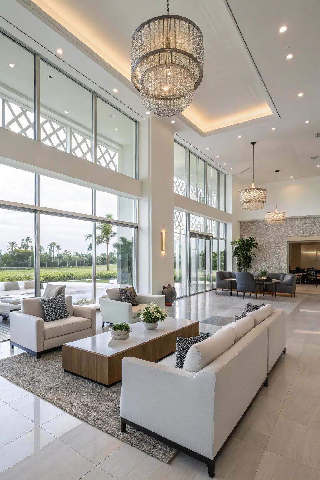 Contemporary minimalism using streamlined furnishings in a clubhouse.