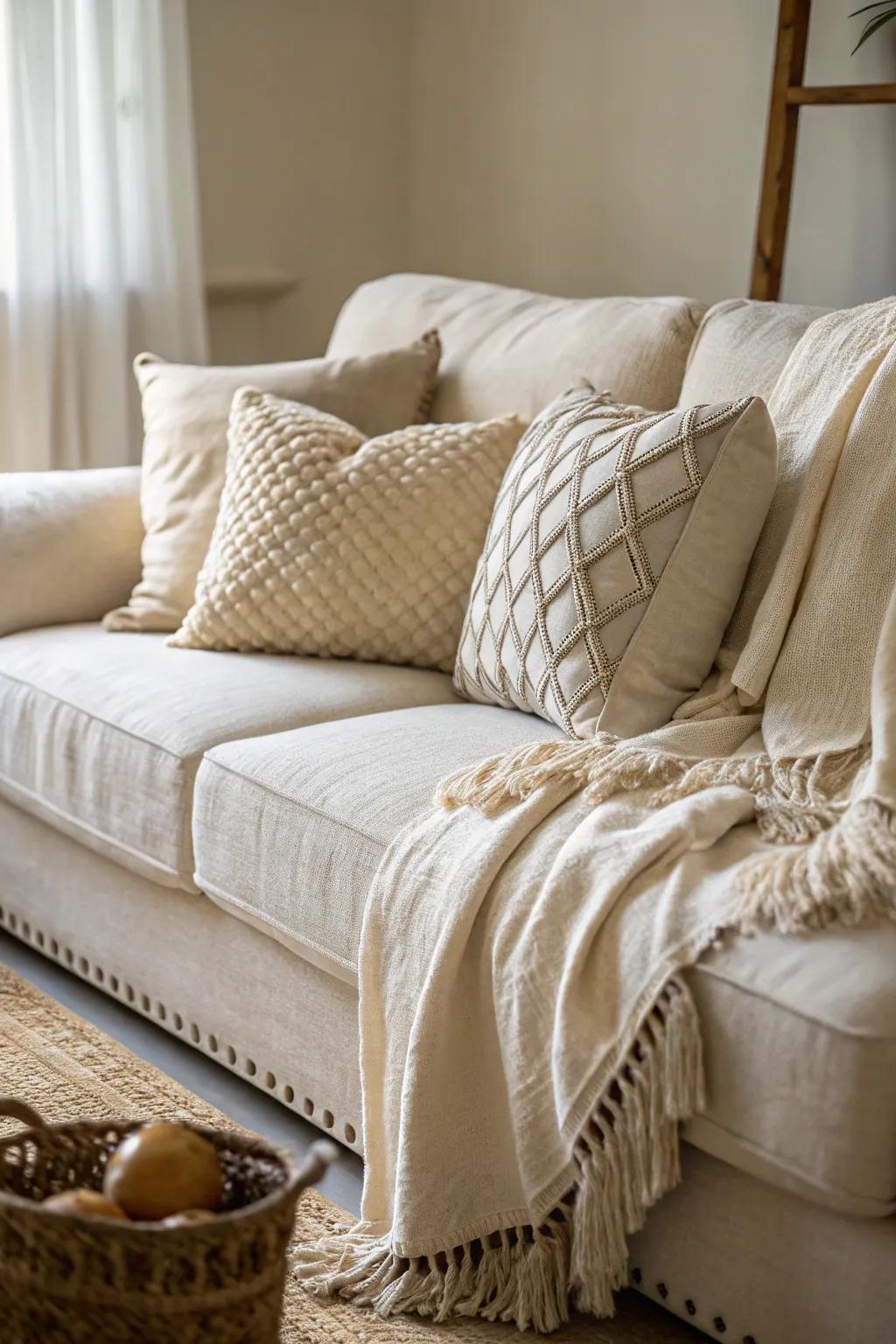 Textured fabrics boost the comfortable coastal sensation.