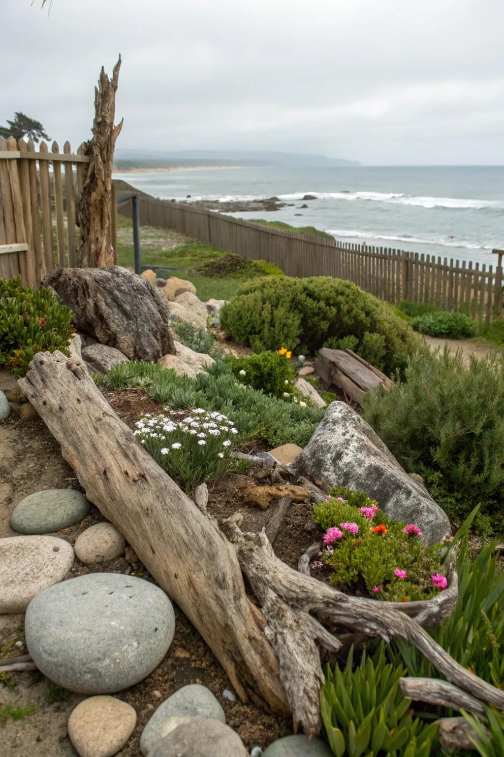 Organic materials introduce authenticity and charm to a coastal-inspired garden.