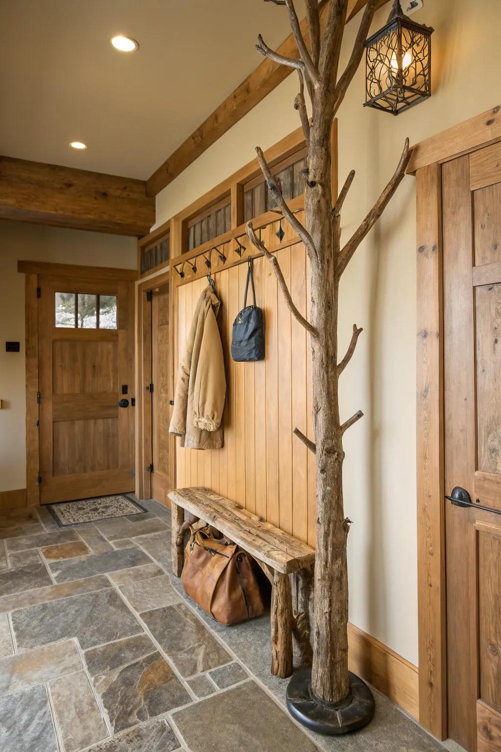 A natural coat rack fashioned from timber limbs, enhancing the natural ambiance of the entrance area.