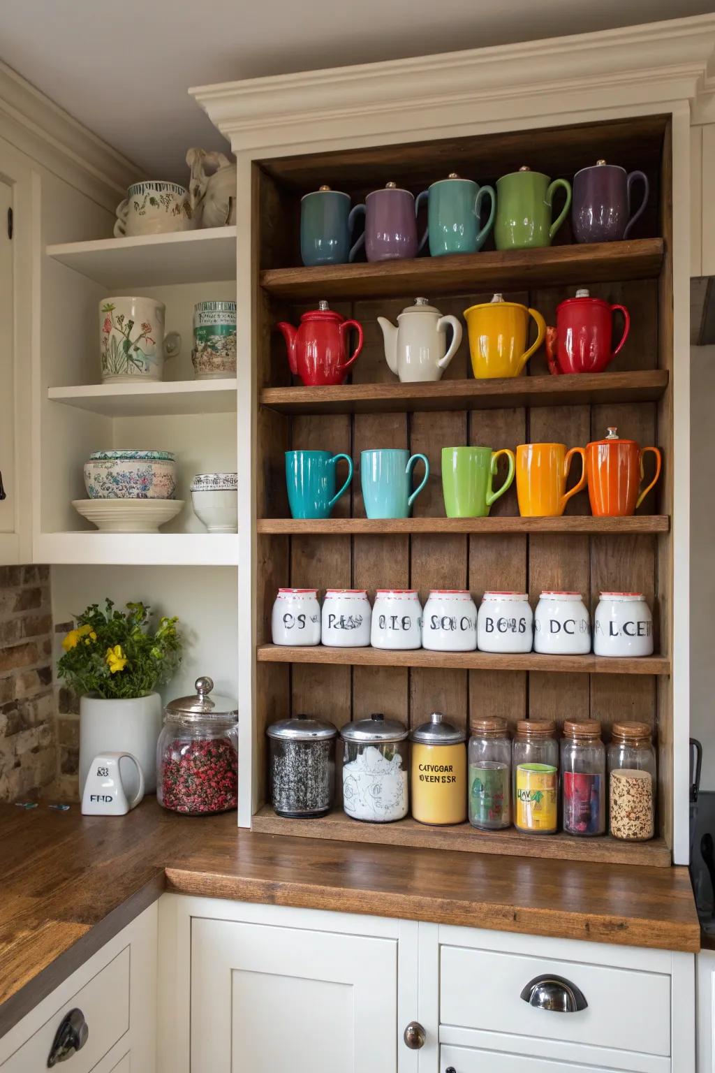 Open shelving ensures your coffee and tea necessities are readily accessible and attractively showcased.