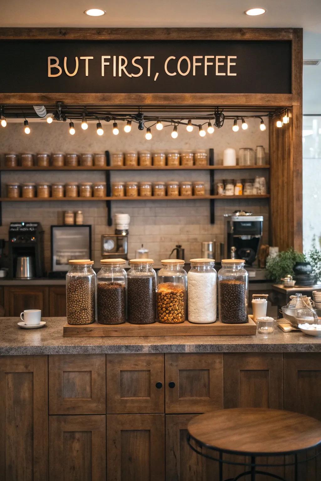 A coffee bar enhanced with a charming 'But First, Coffee' board.