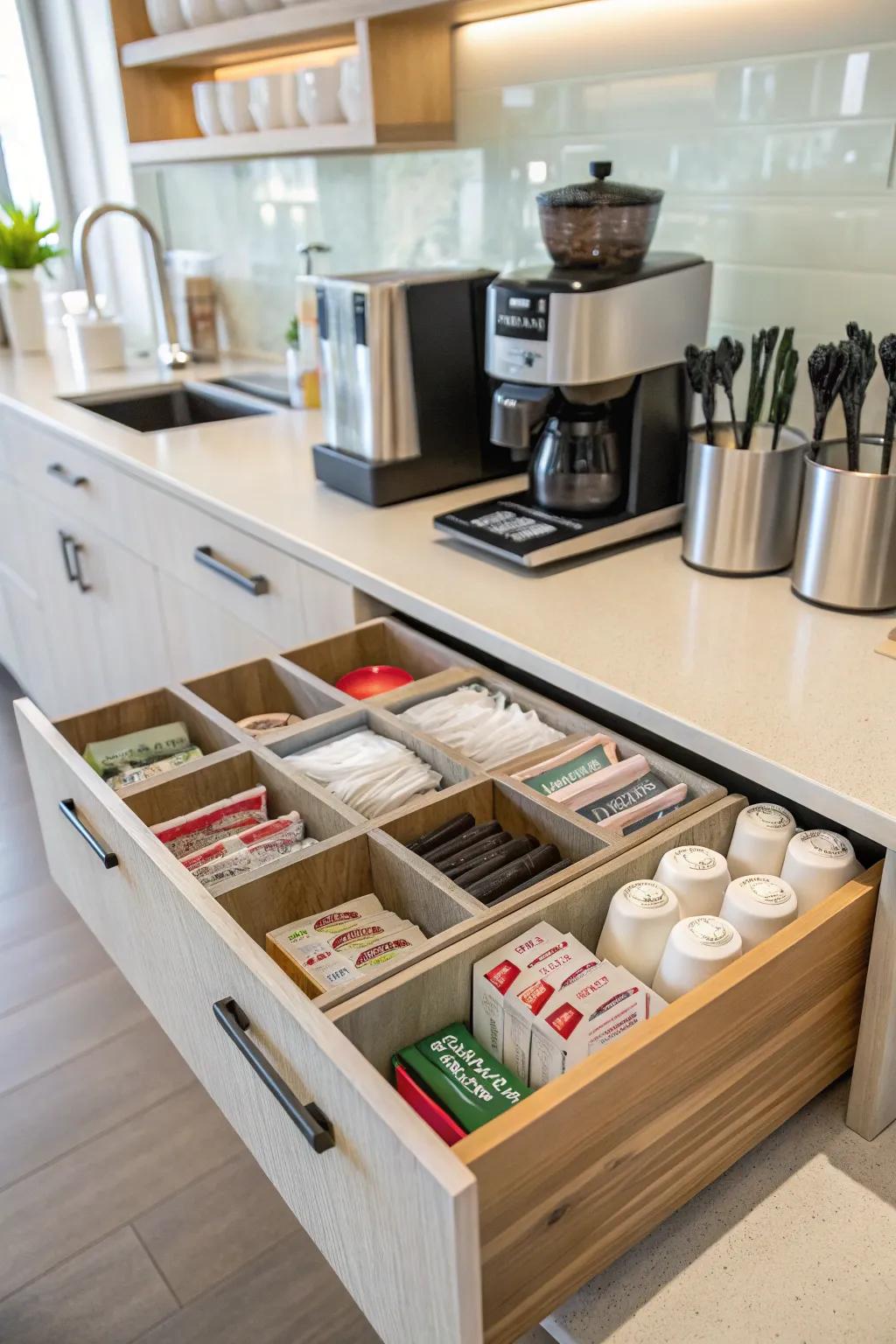Condiment compartments streamline your coffee preparation.
