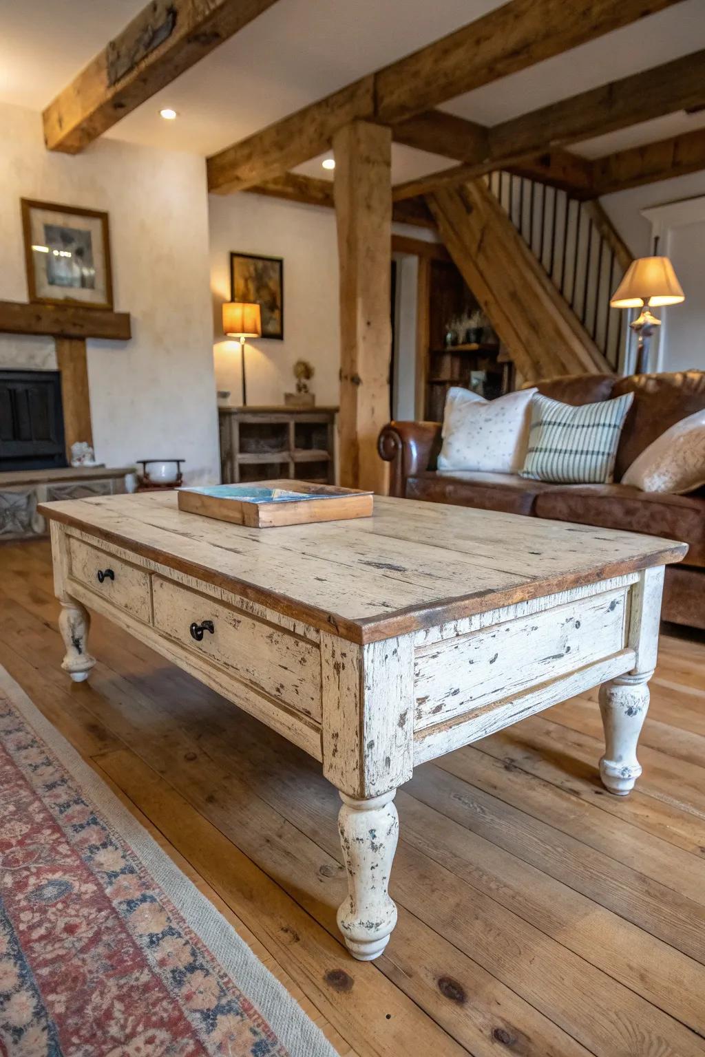 Weathered details infuse vintage charm into your space.
