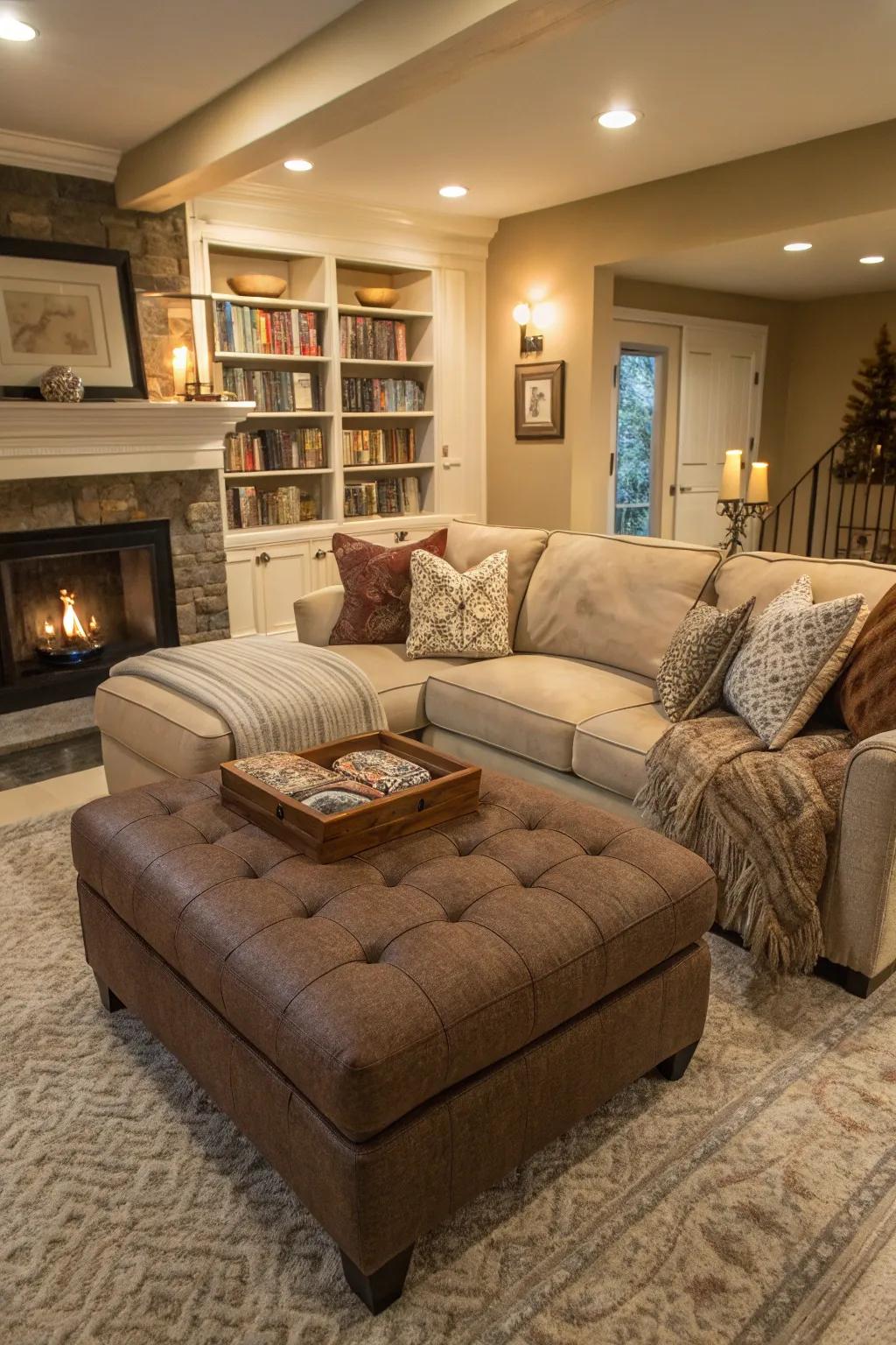 An ottoman provides comfort and is a versatile center table when paired with a sectional couch.