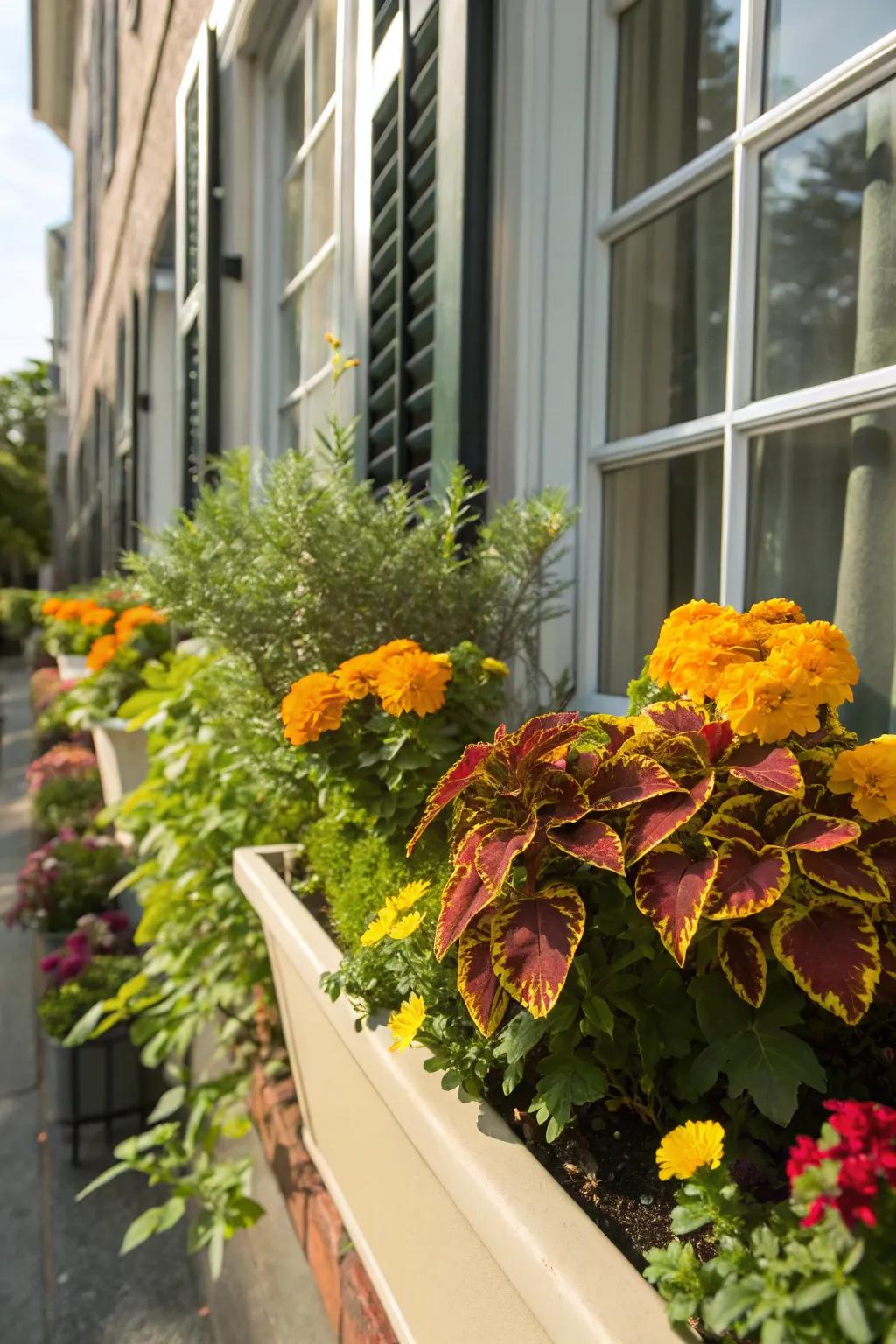 Painted nettle and calendulas create a vibrant summer display.