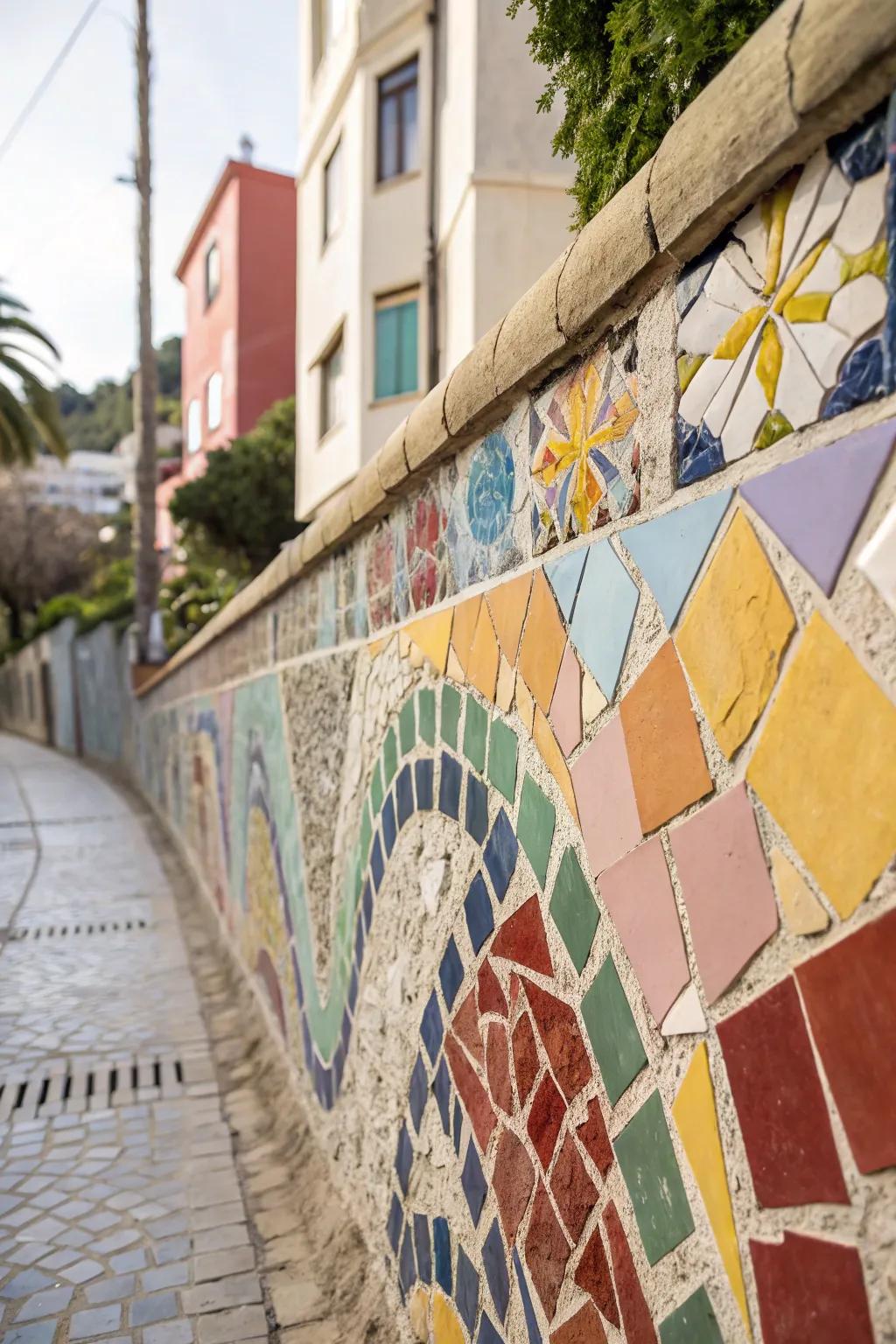 A mosaic collage with differently colored pieces in an intricate design.