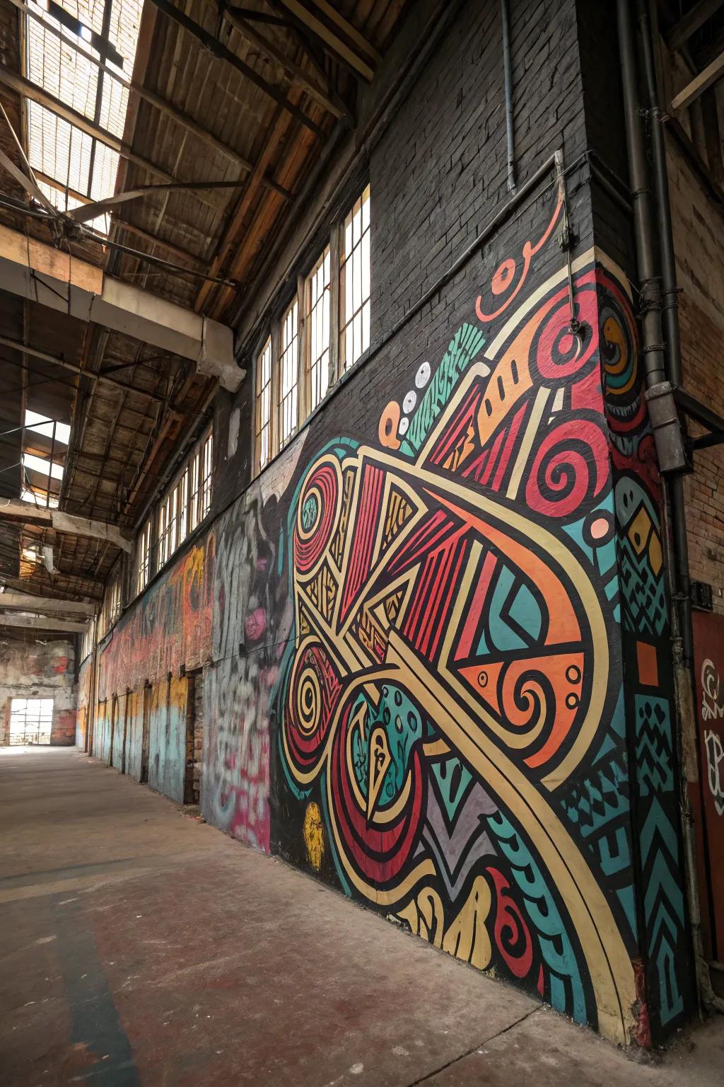 A loft wall decorated with detailed wildstyle graffiti.