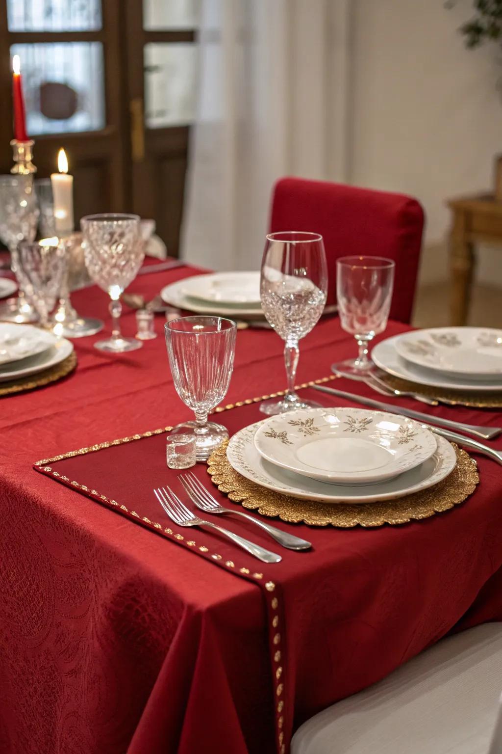 A red-hued tablecloth establishing a sophisticated eating experience.