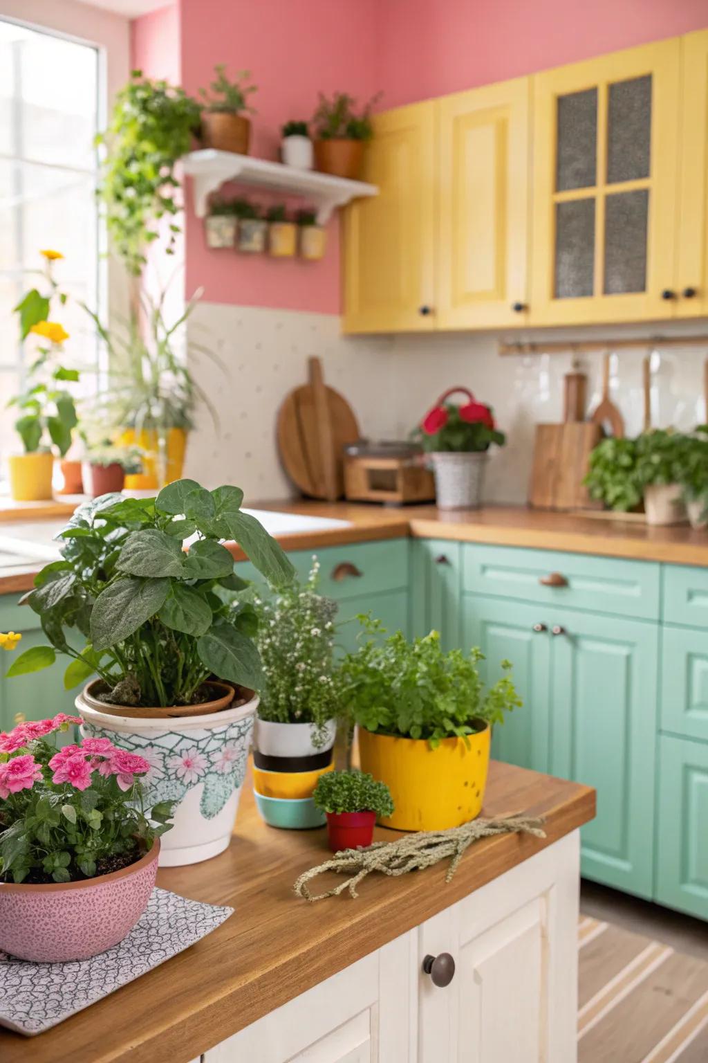 Foliage elevates the vibrant and nature-inspired atmosphere of the cooking area.