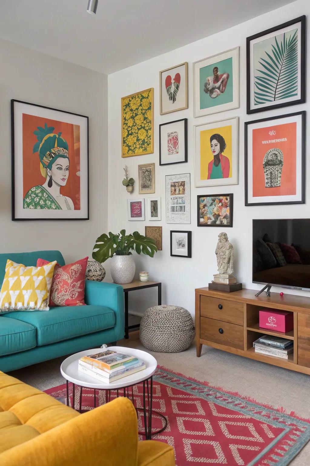 A gallery wall showcasing vibrant colors brings a personal element to the living area.