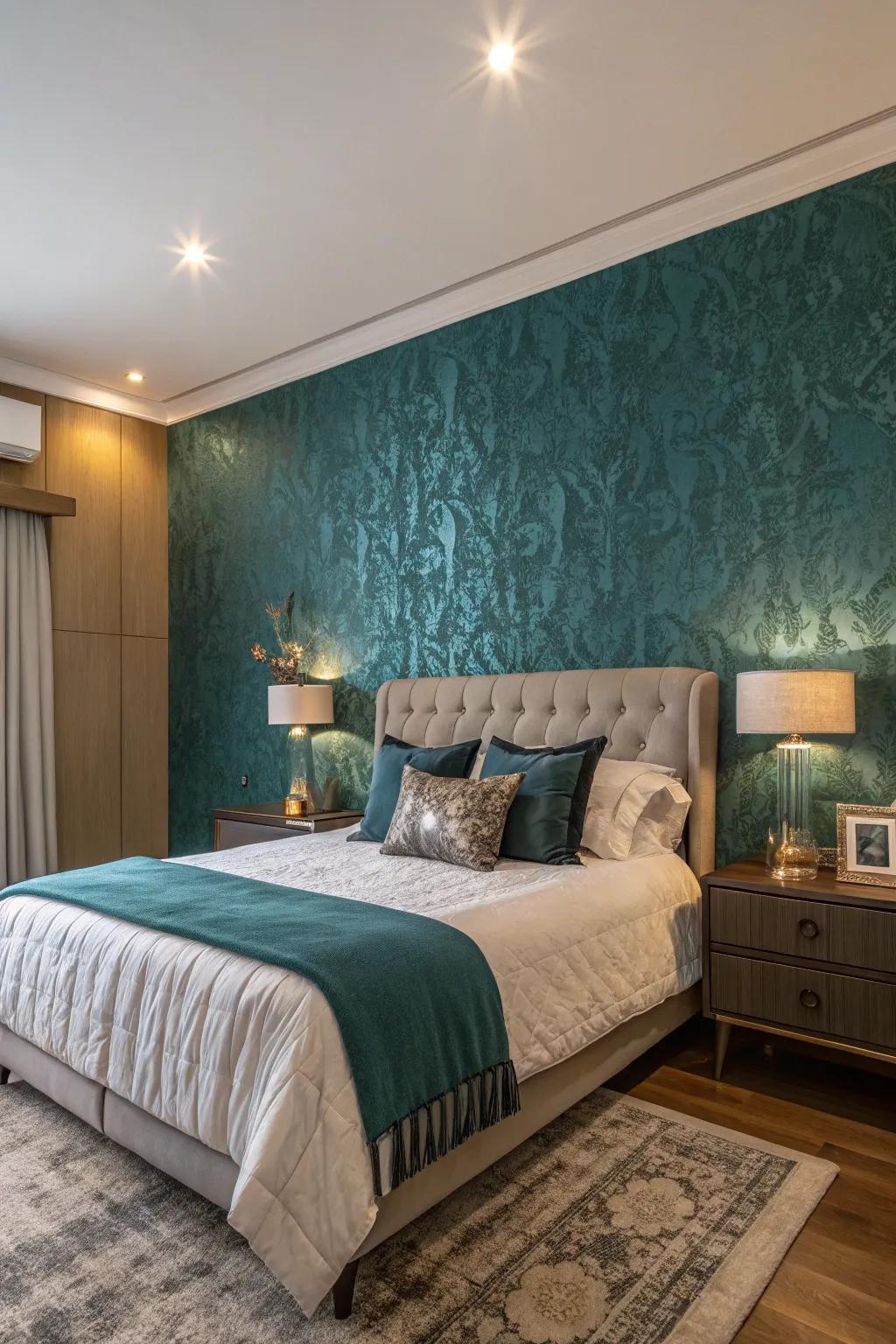A feature facade lends depth and intrigue to this bedroom.