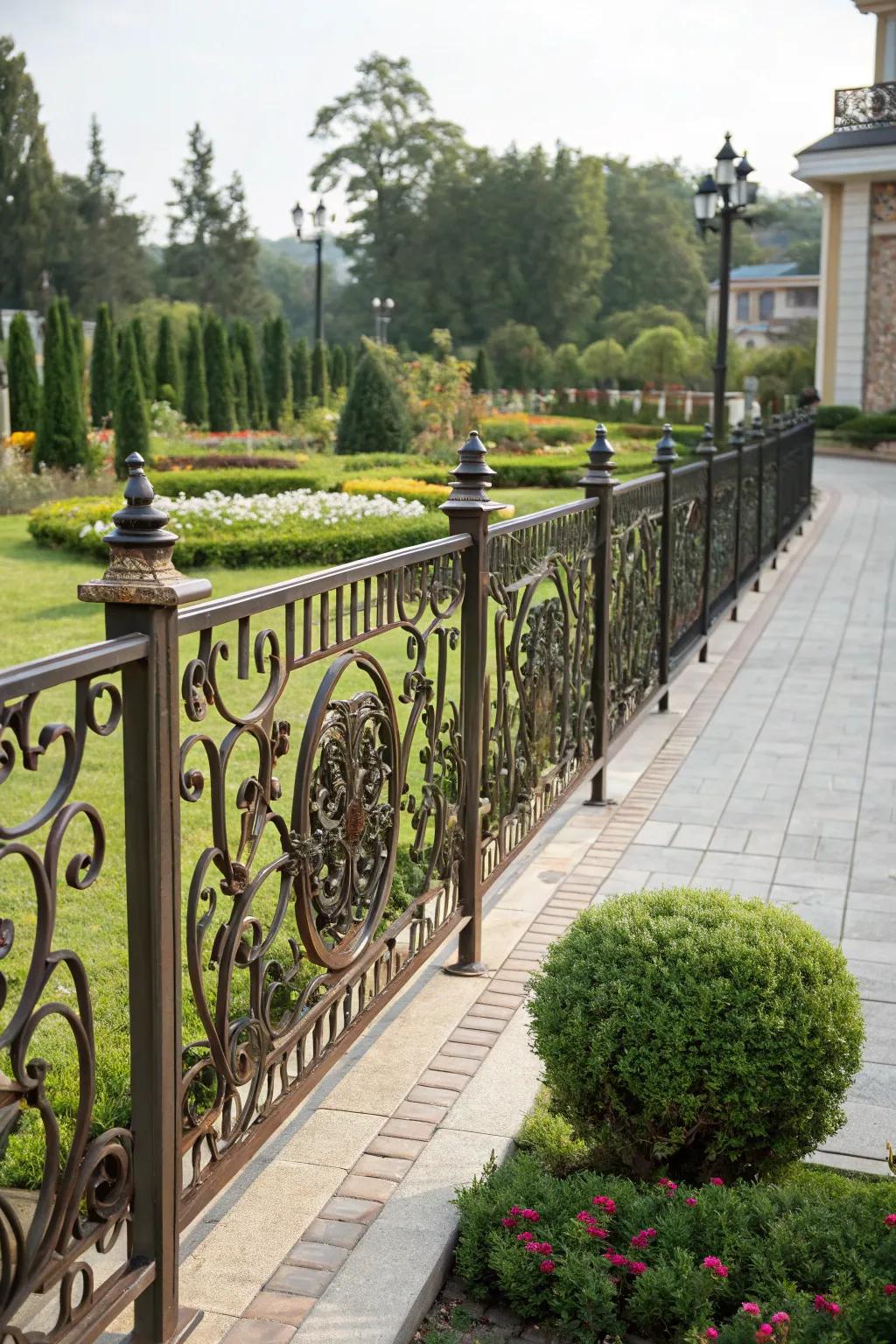 Ornamental metal fencing introduces an air of elegance.