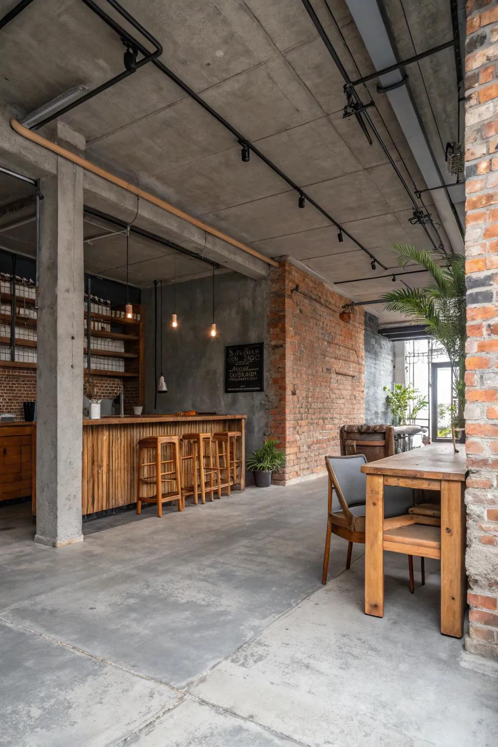 An industrial-style room with concrete flooring and exposed brick.