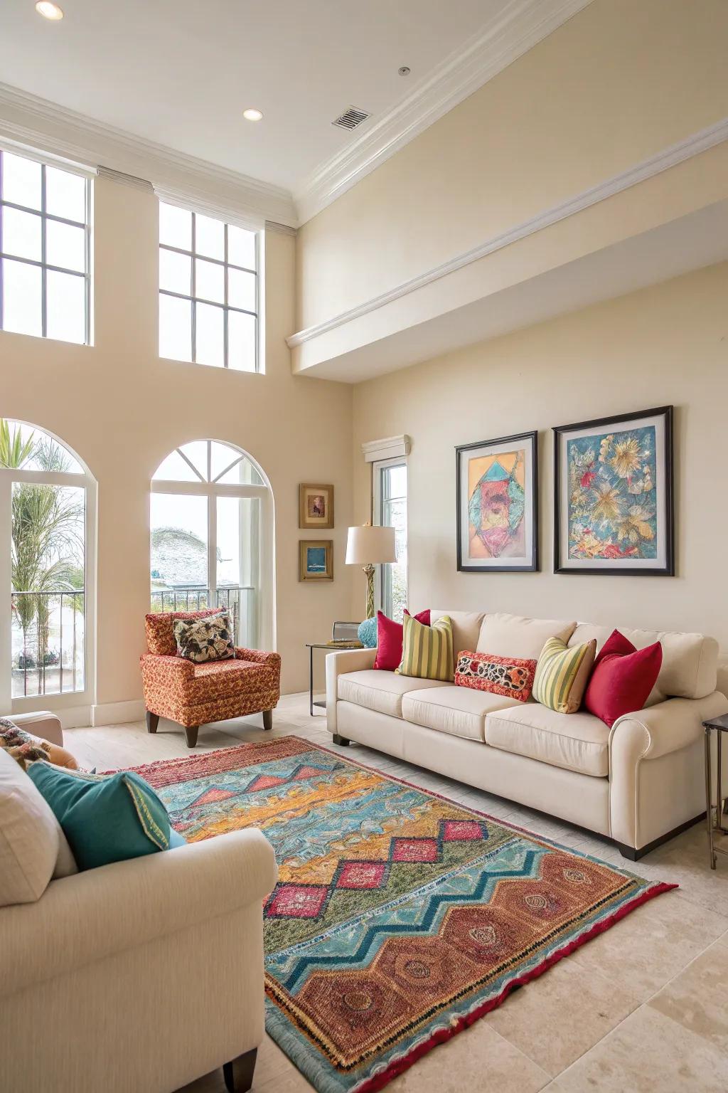 A condo interior featuring a neutral color palette and colorful accents.